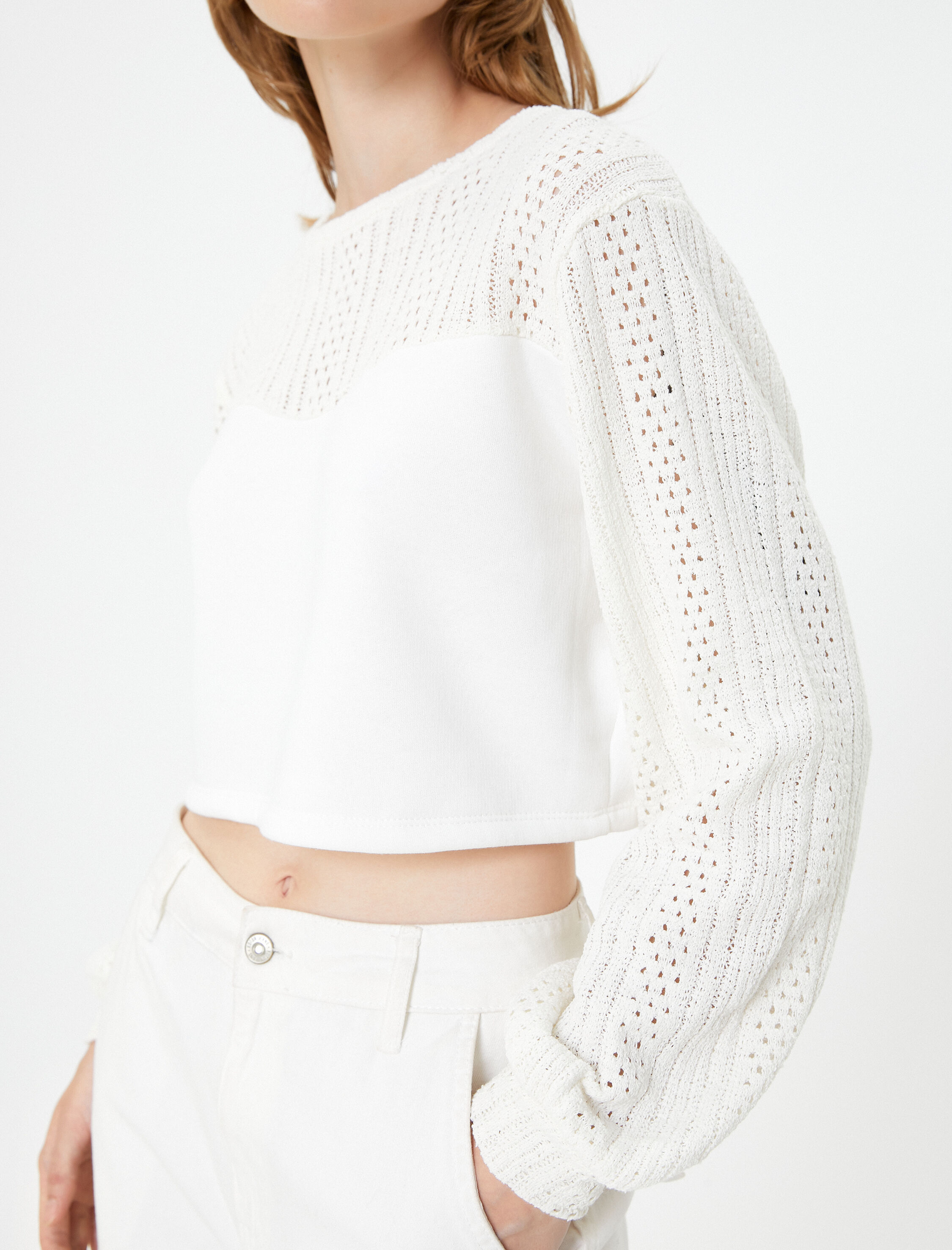   Crop Kazak Ajurlu Balon Kollu Bisiklet Yaka