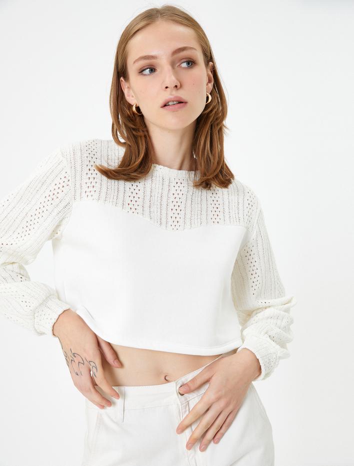  Crop Kazak Ajurlu Balon Kollu Bisiklet Yaka