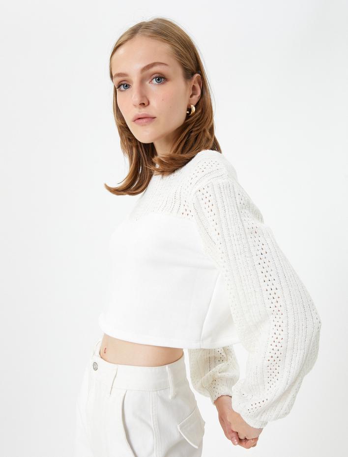  Crop Kazak Ajurlu Balon Kollu Bisiklet Yaka