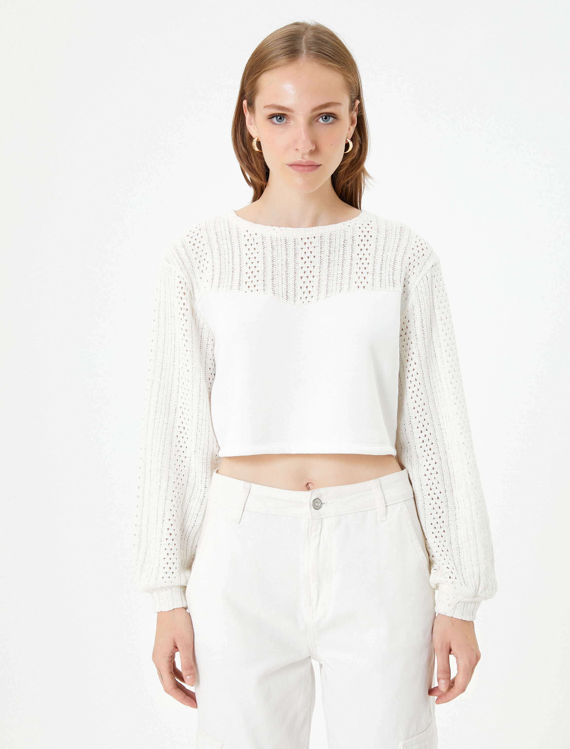   Crop Kazak Ajurlu Balon Kollu Bisiklet Yaka