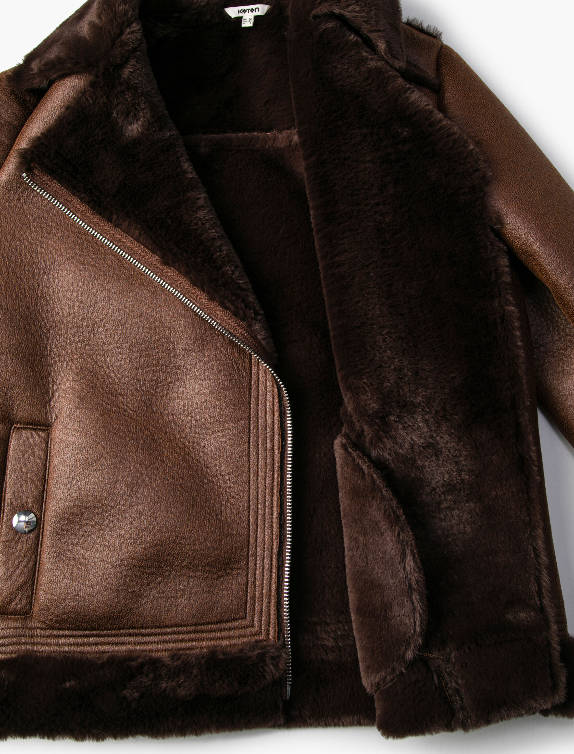   Biker Ceket Suni Deri Peluş Detaylı Fermuarlı Cepli