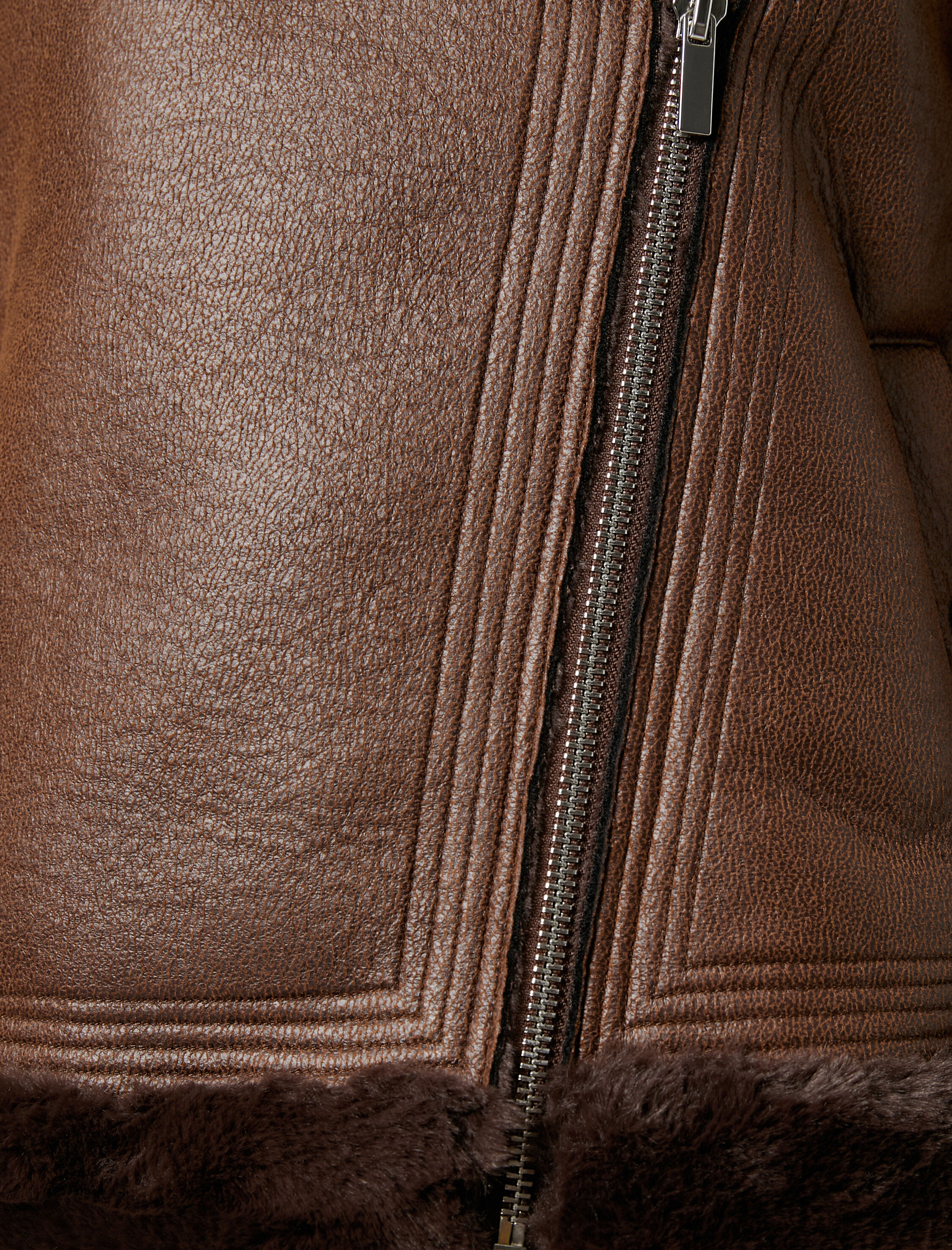   Biker Ceket Suni Deri Peluş Detaylı Fermuarlı Cepli