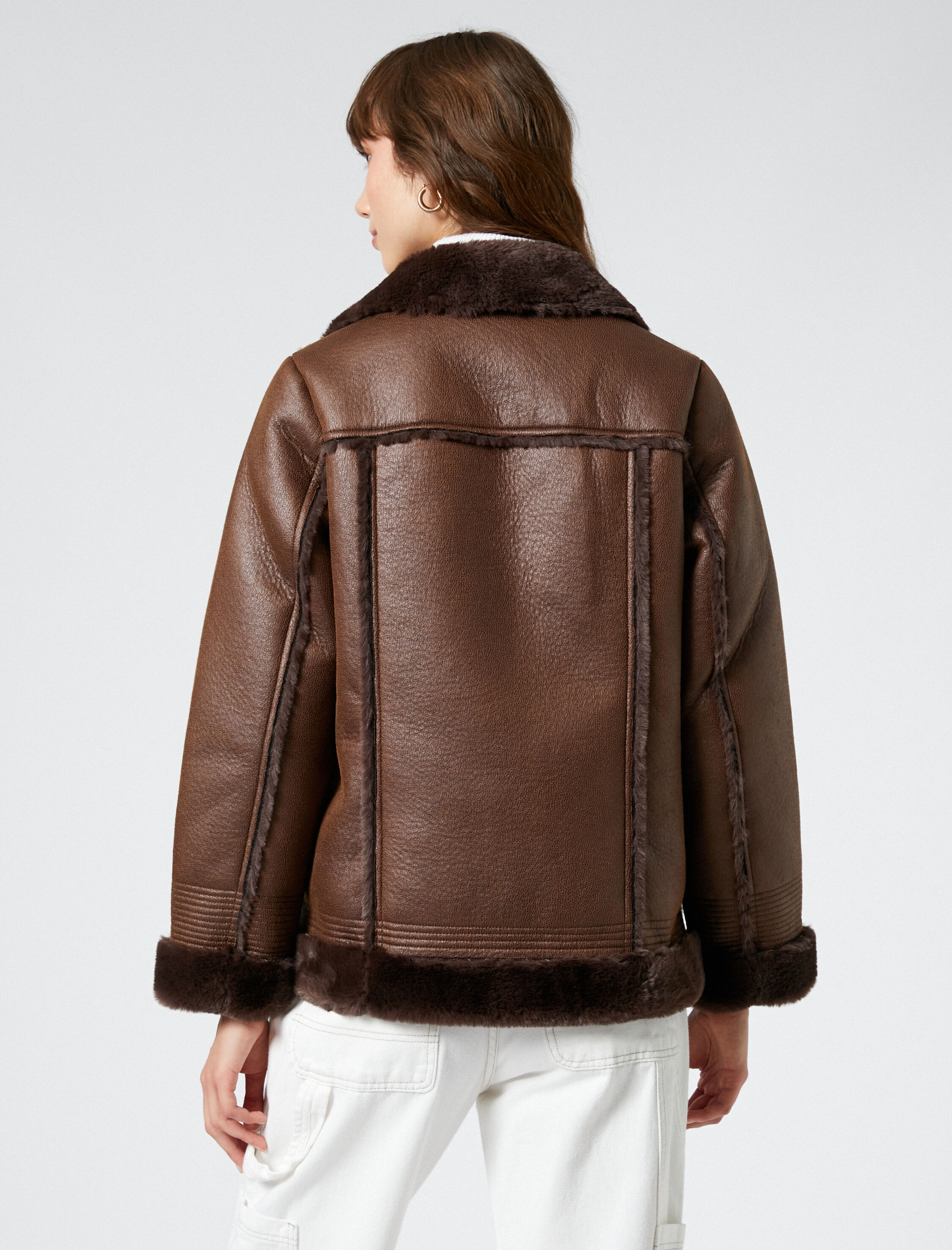   Biker Ceket Suni Deri Peluş Detaylı Fermuarlı Cepli