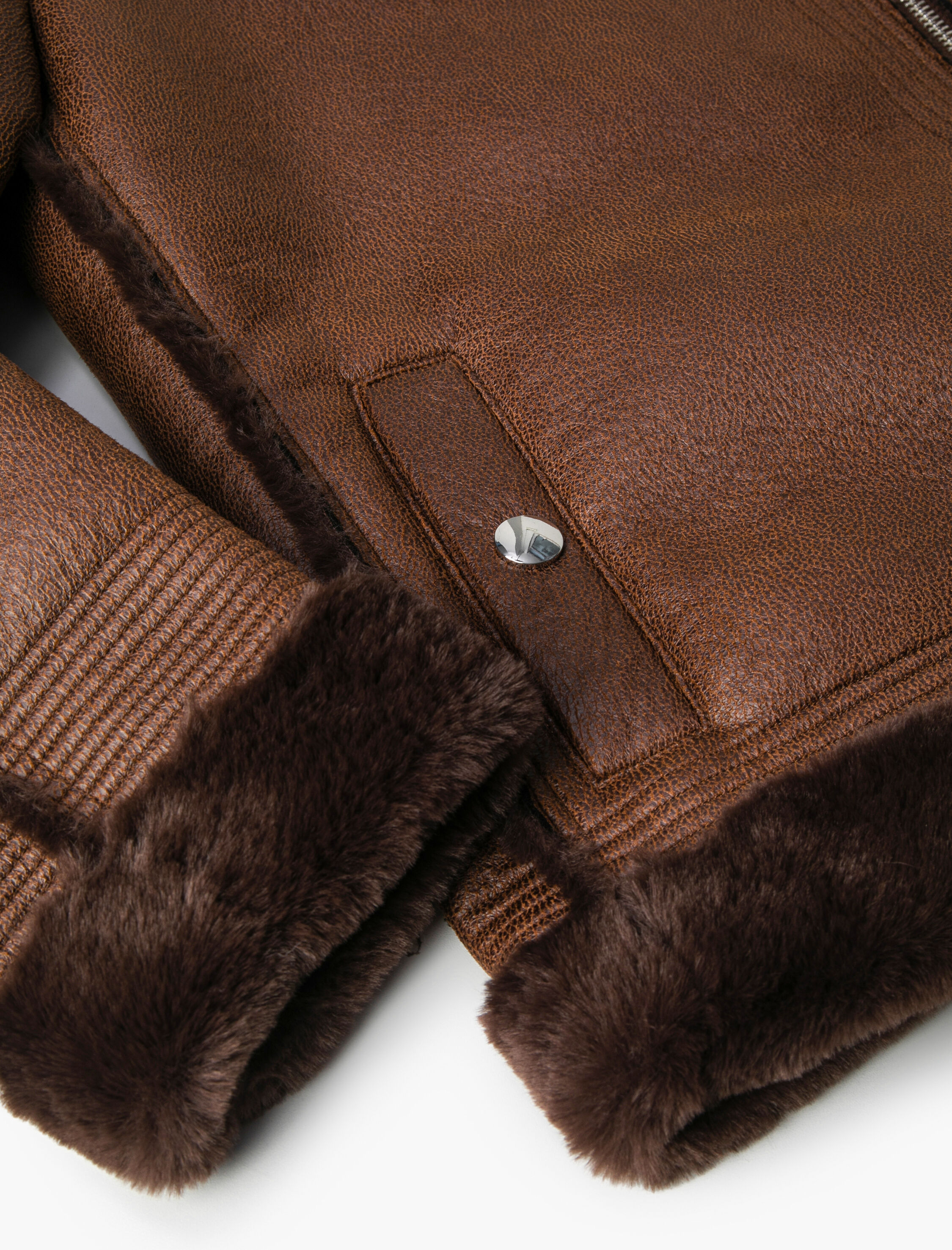   Biker Ceket Suni Deri Peluş Detaylı Fermuarlı Cepli