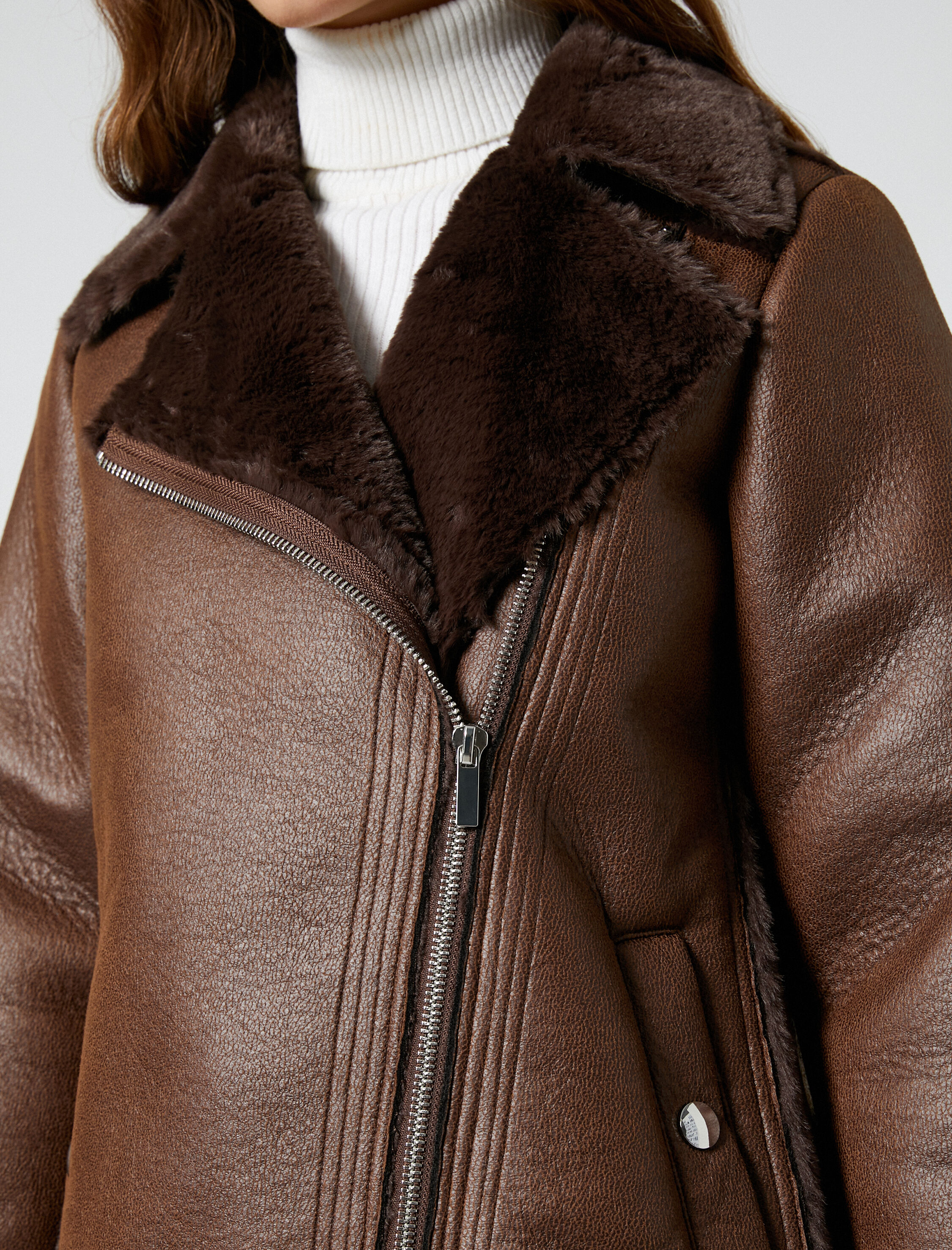   Biker Ceket Suni Deri Peluş Detaylı Fermuarlı Cepli