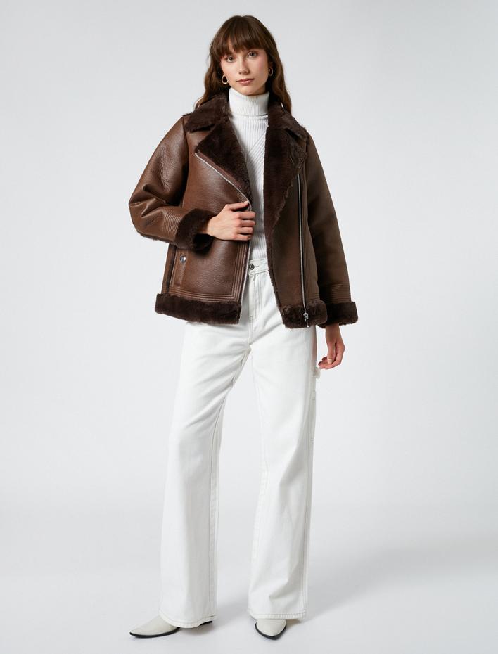  Biker Ceket Suni Deri Peluş Detaylı Fermuarlı Cepli