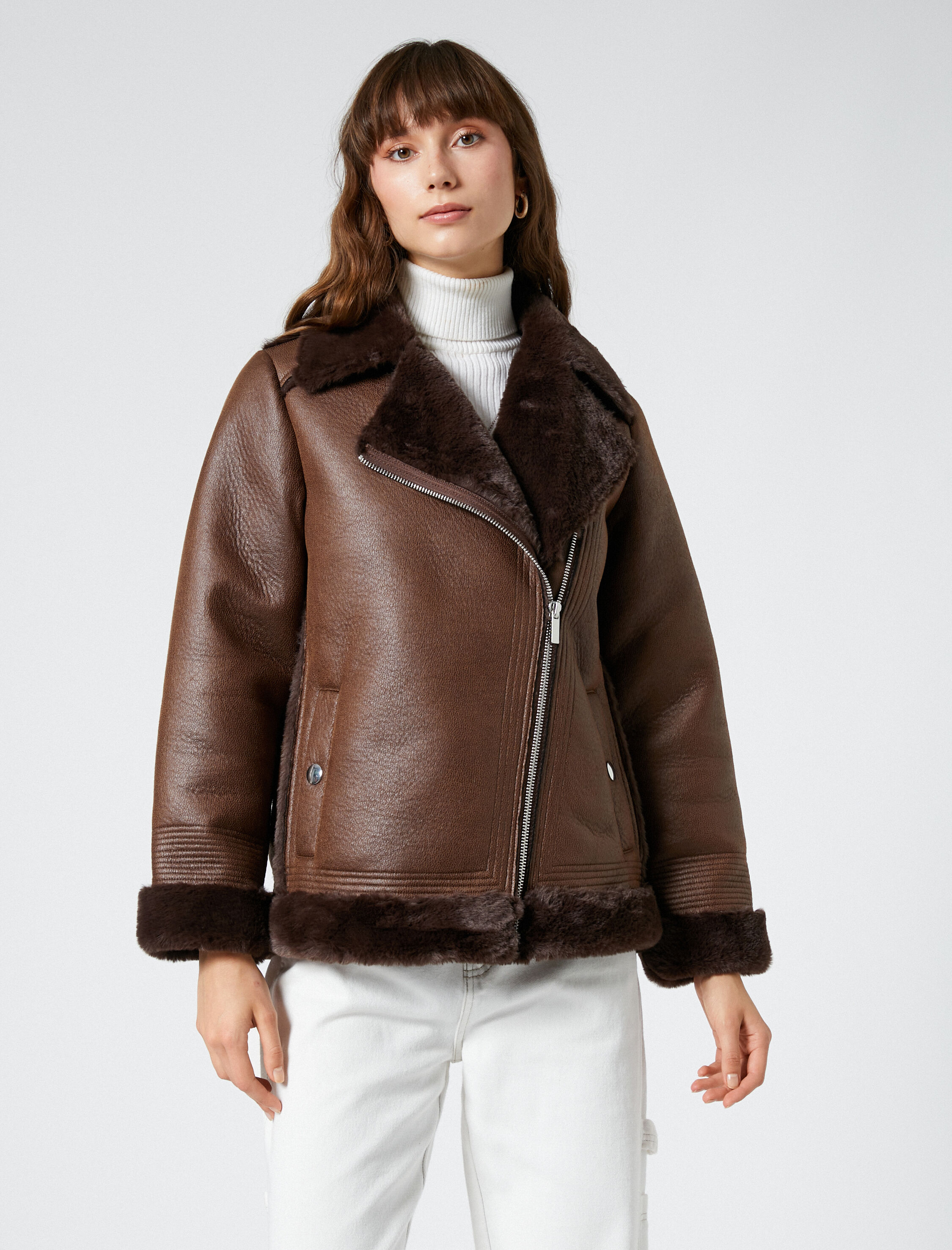   Biker Ceket Suni Deri Peluş Detaylı Fermuarlı Cepli