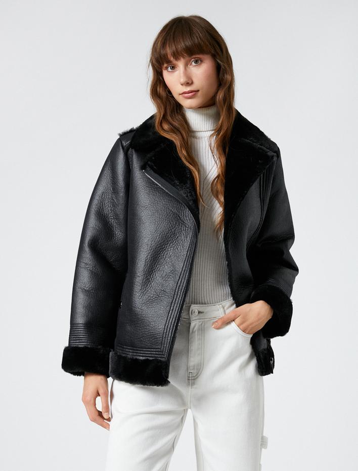  Biker Ceket Suni Deri Peluş Detaylı Fermuarlı Cepli