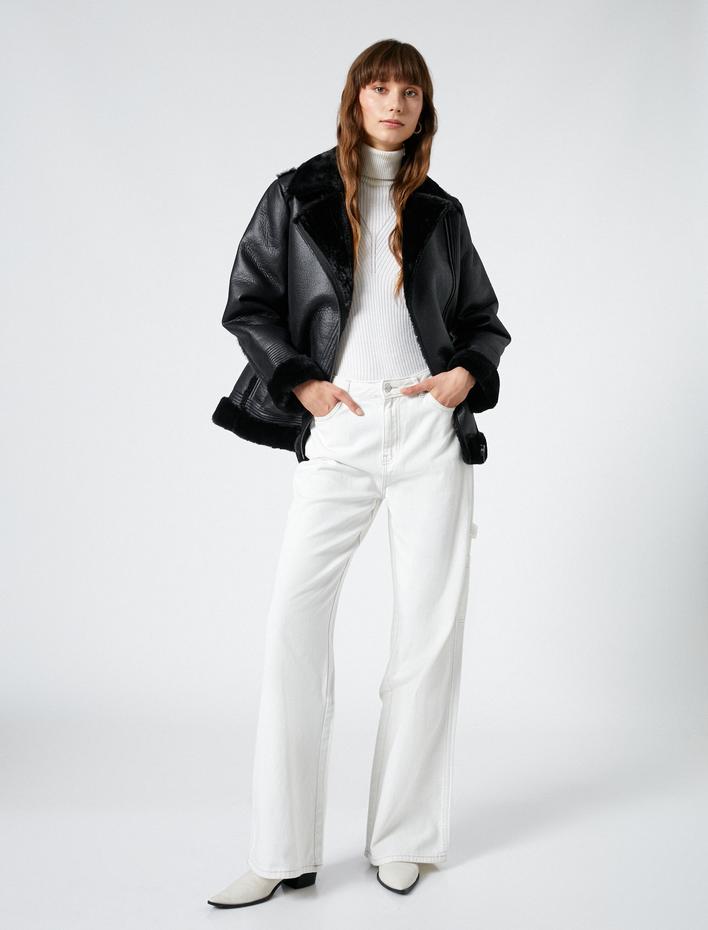  Biker Ceket Suni Deri Peluş Detaylı Fermuarlı Cepli