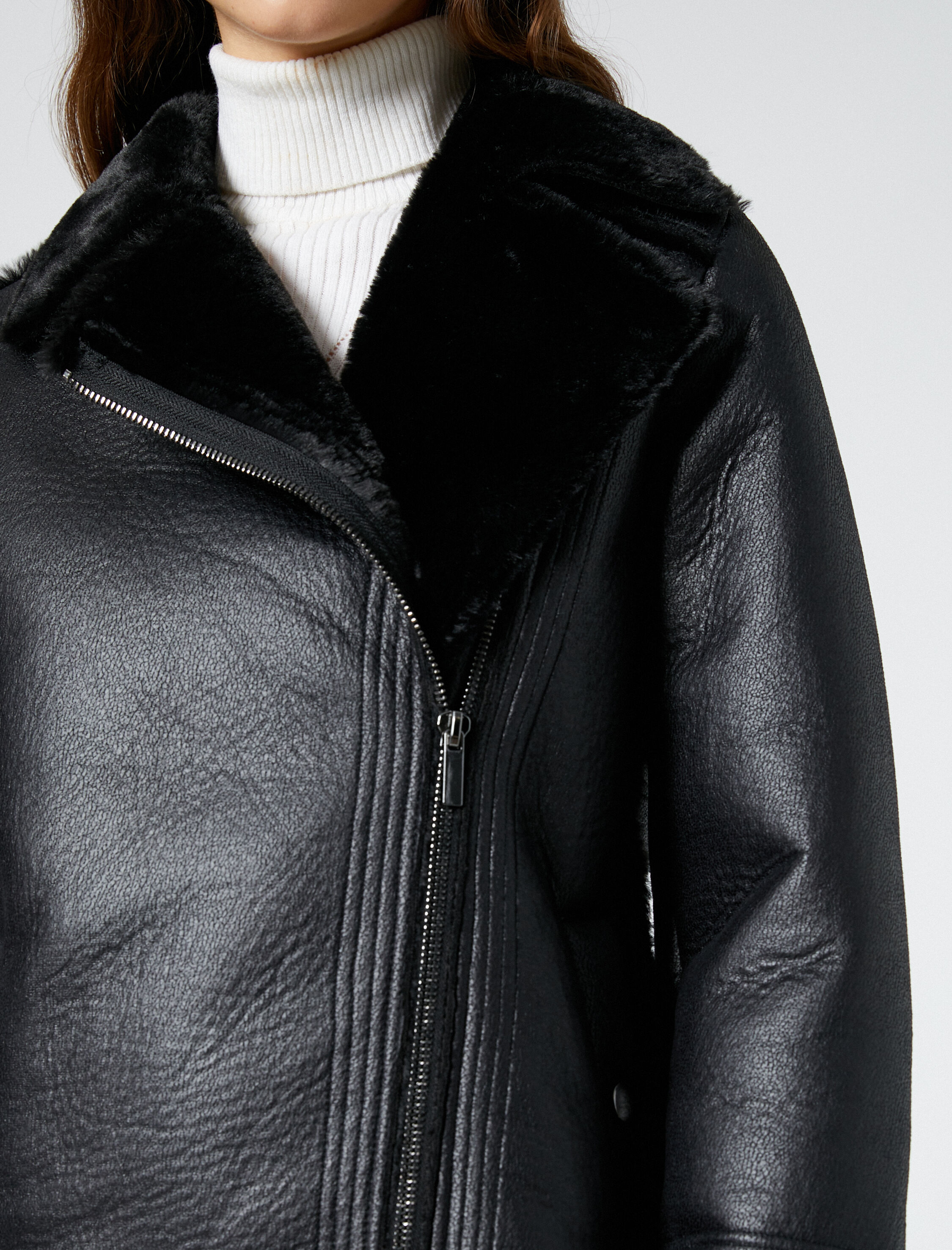   Biker Ceket Suni Deri Peluş Detaylı Fermuarlı Cepli