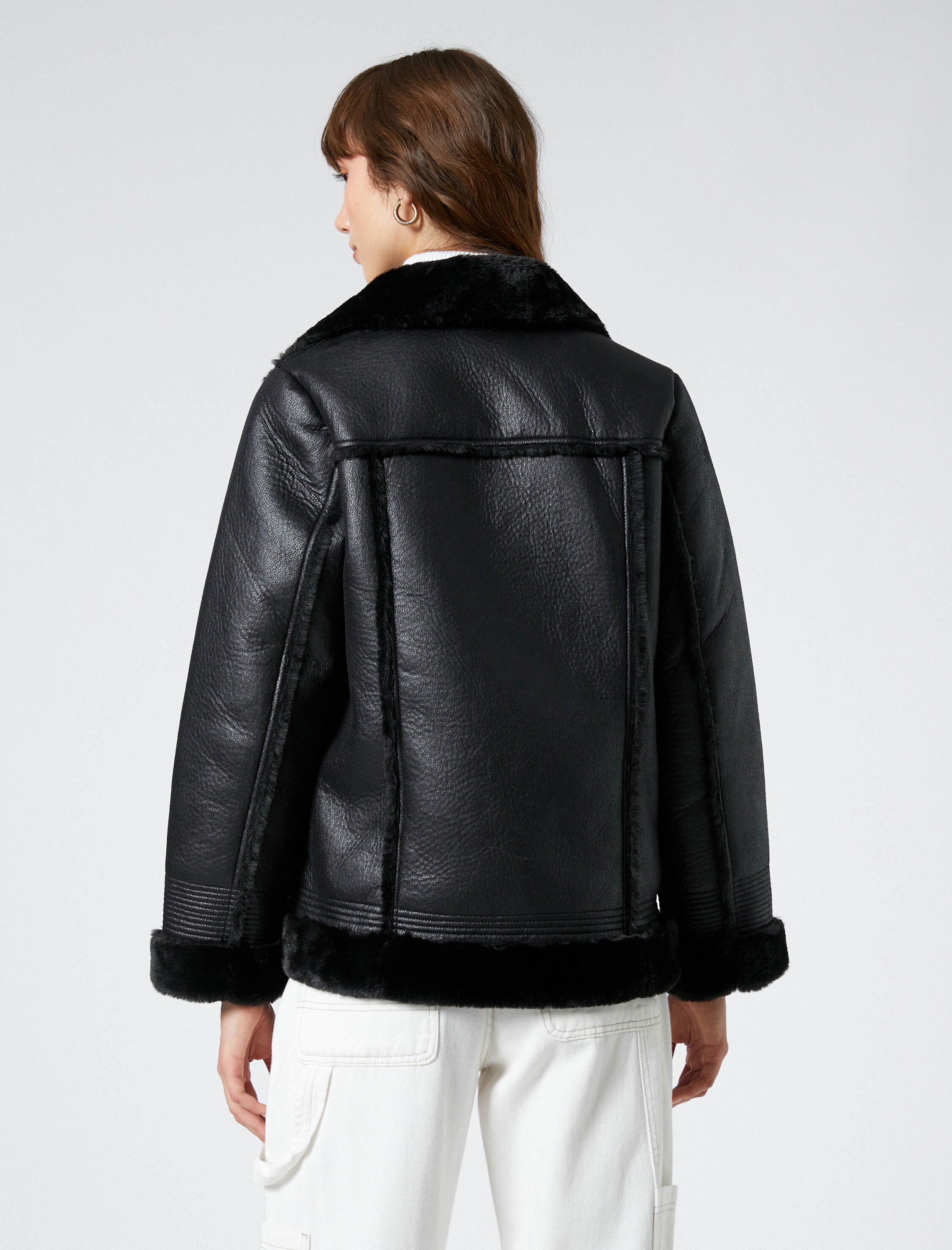   Biker Ceket Suni Deri Peluş Detaylı Fermuarlı Cepli