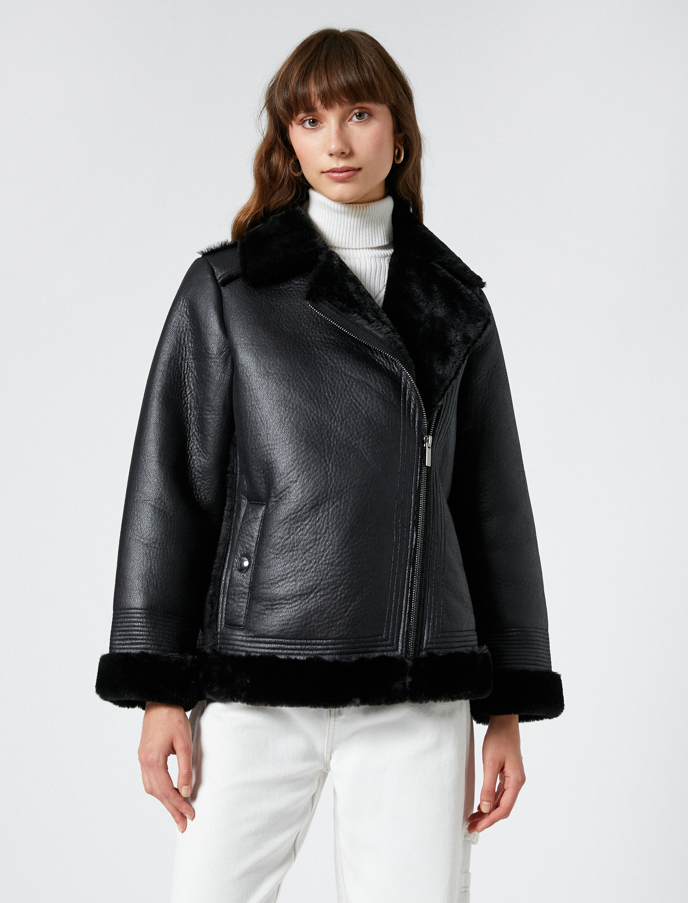   Biker Ceket Suni Deri Peluş Detaylı Fermuarlı Cepli