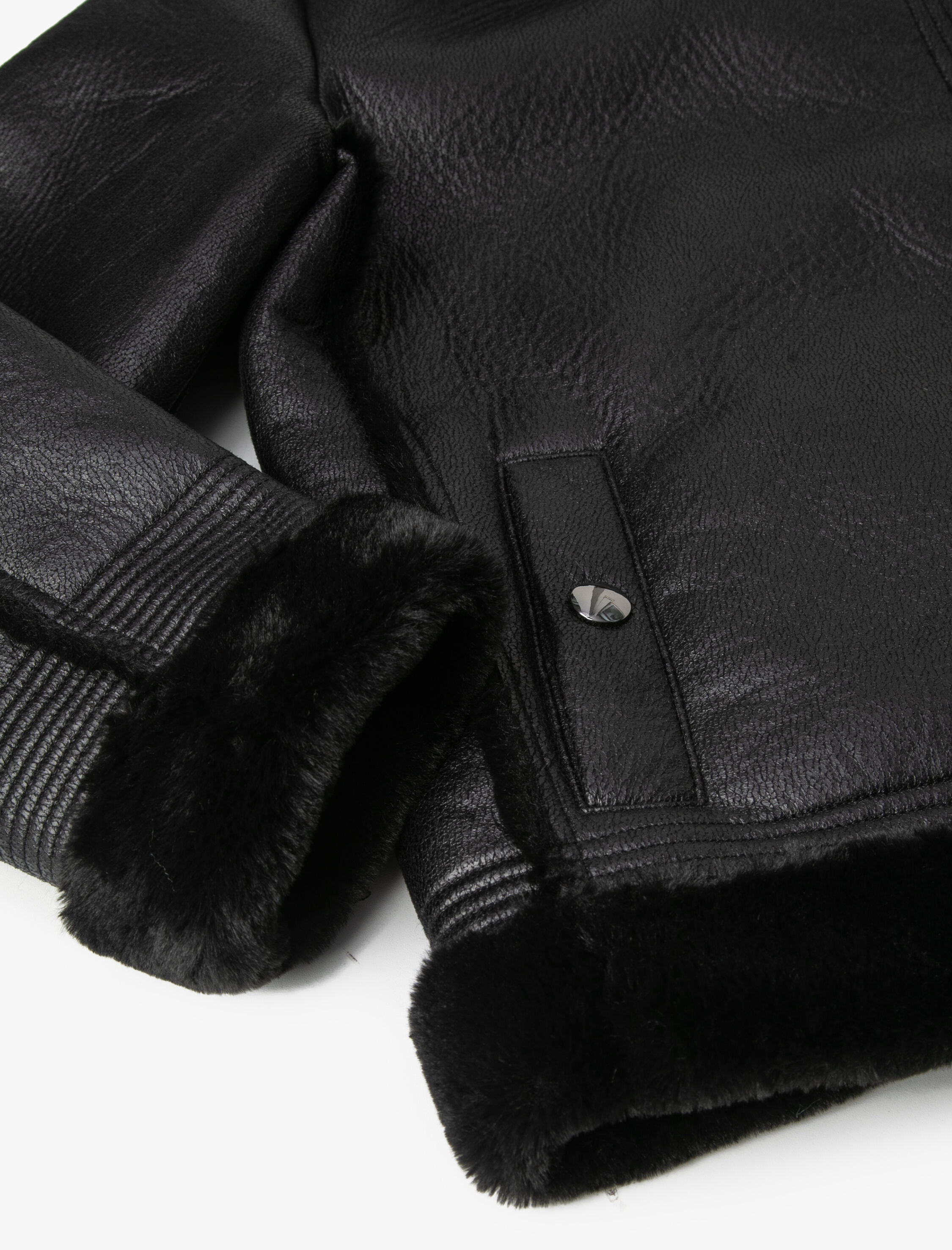   Biker Ceket Suni Deri Peluş Detaylı Fermuarlı Cepli