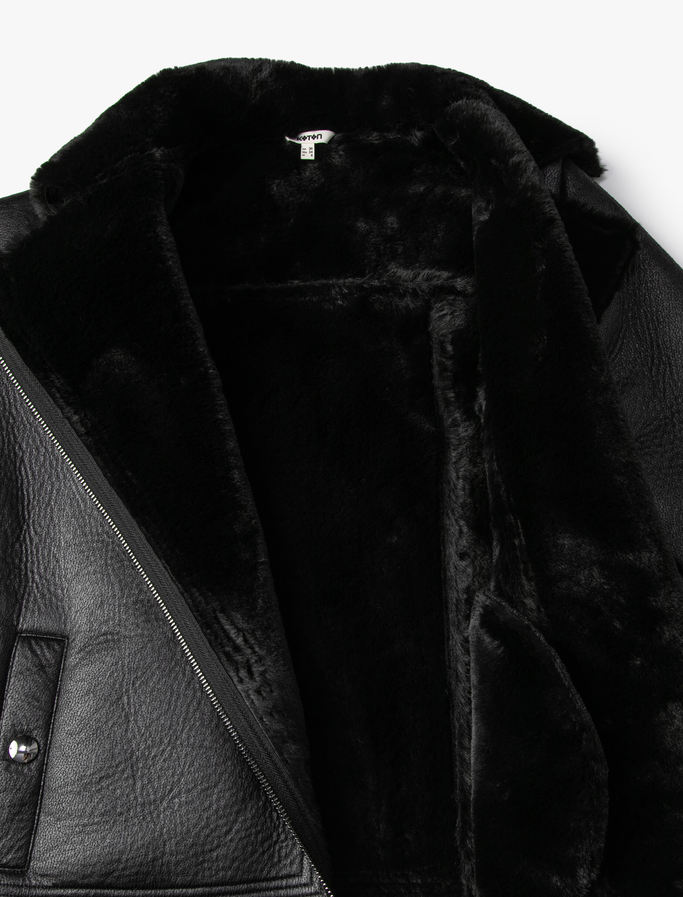   Biker Ceket Suni Deri Peluş Detaylı Fermuarlı Cepli