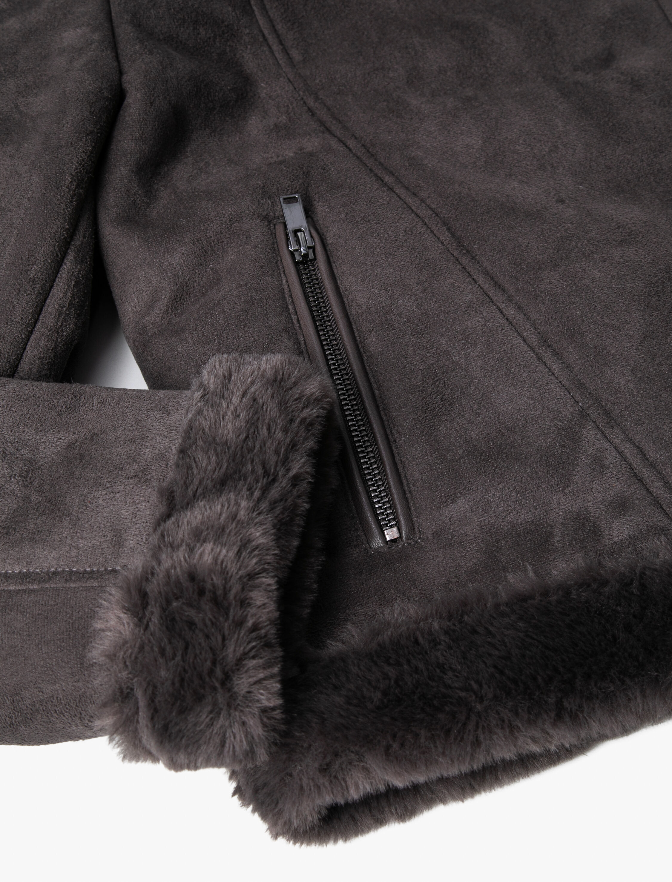   Biker Ceket Suni Deri Suni Kürklü Fermuarlı Cep Detaylı