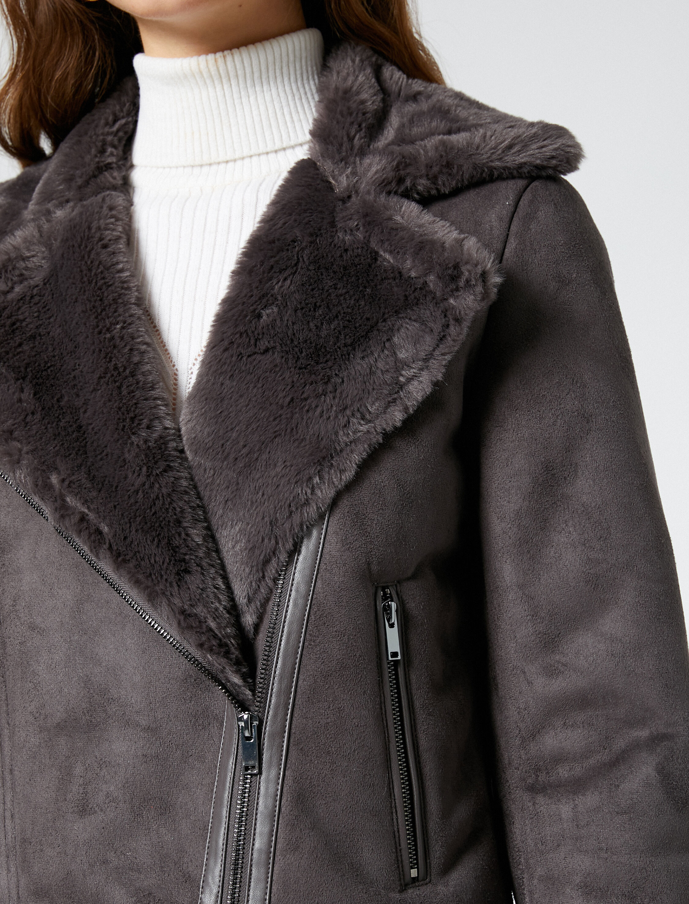   Biker Ceket Suni Deri Suni Kürklü Fermuarlı Cep Detaylı