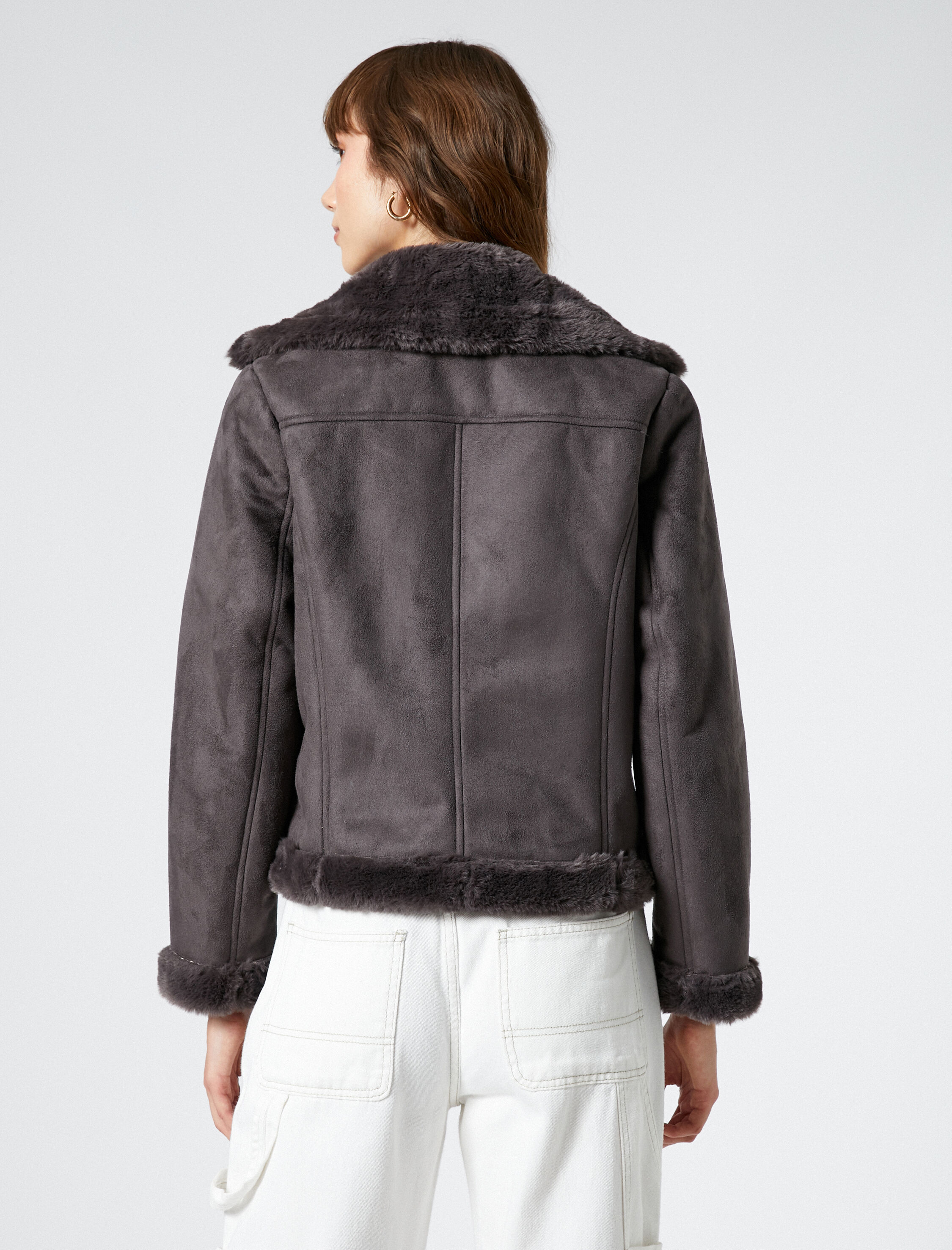   Biker Ceket Suni Deri Suni Kürklü Fermuarlı Cep Detaylı