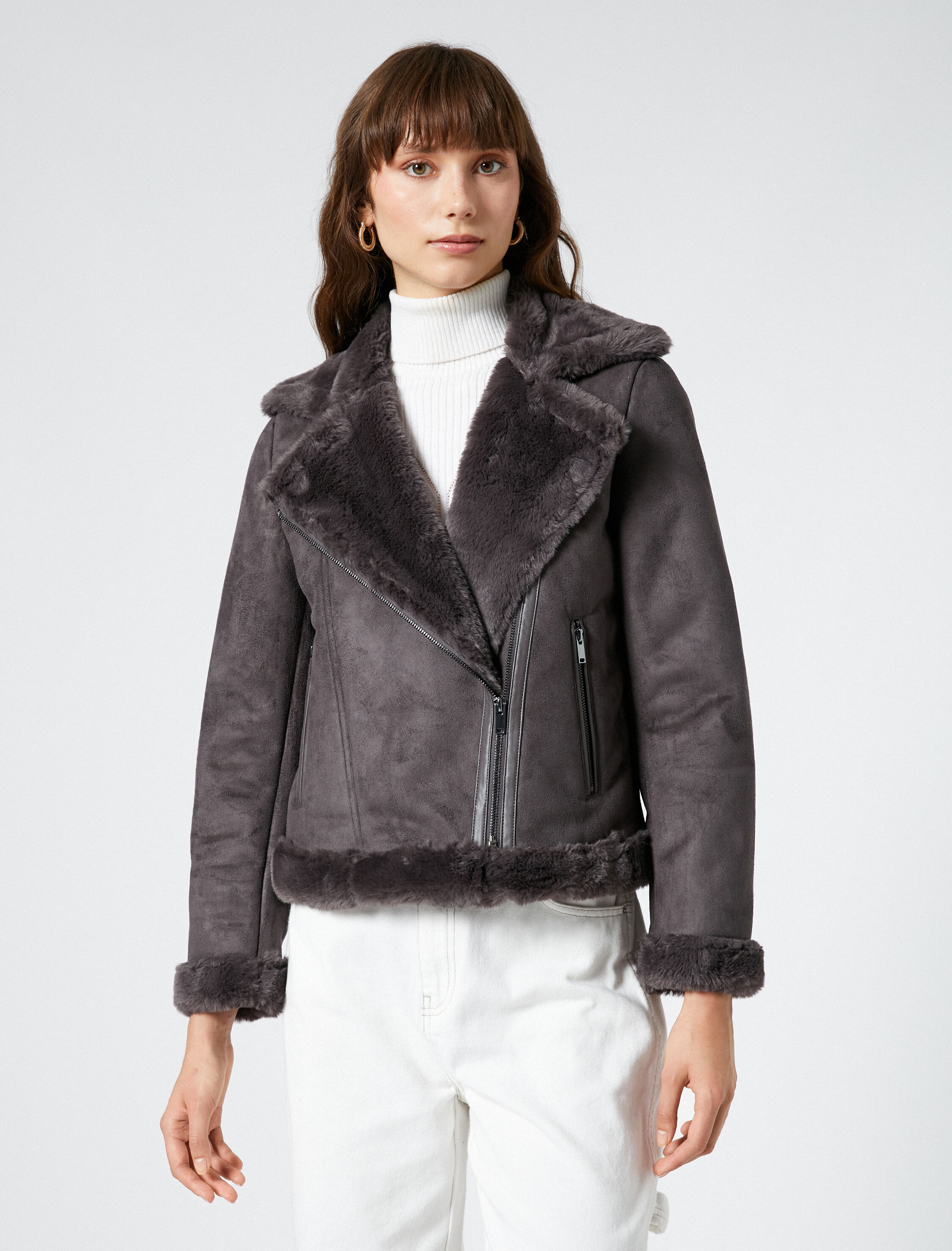   Biker Ceket Suni Deri Suni Kürklü Fermuarlı Cep Detaylı