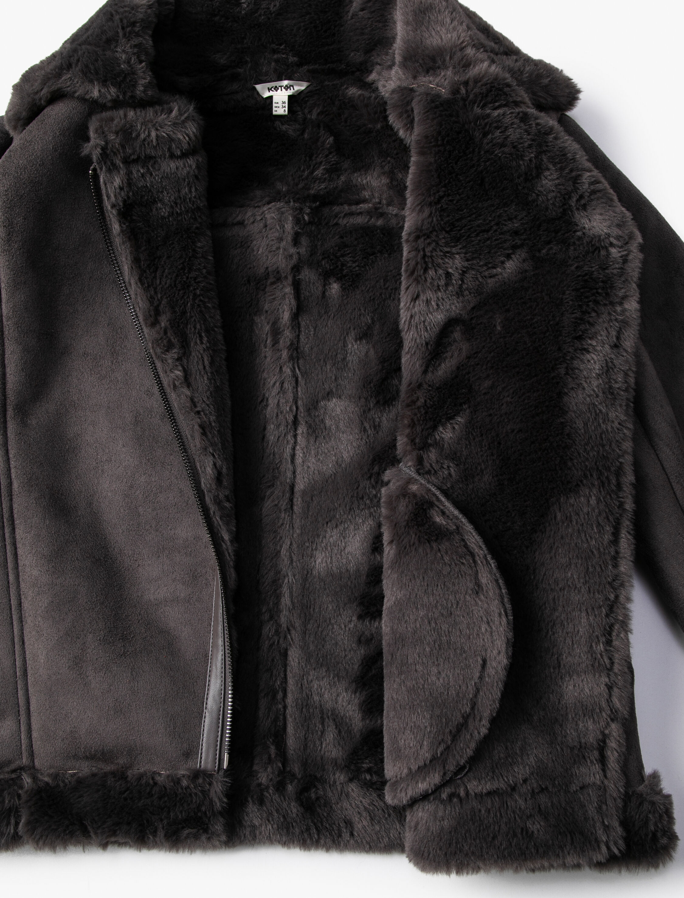   Biker Ceket Suni Deri Suni Kürklü Fermuarlı Cep Detaylı