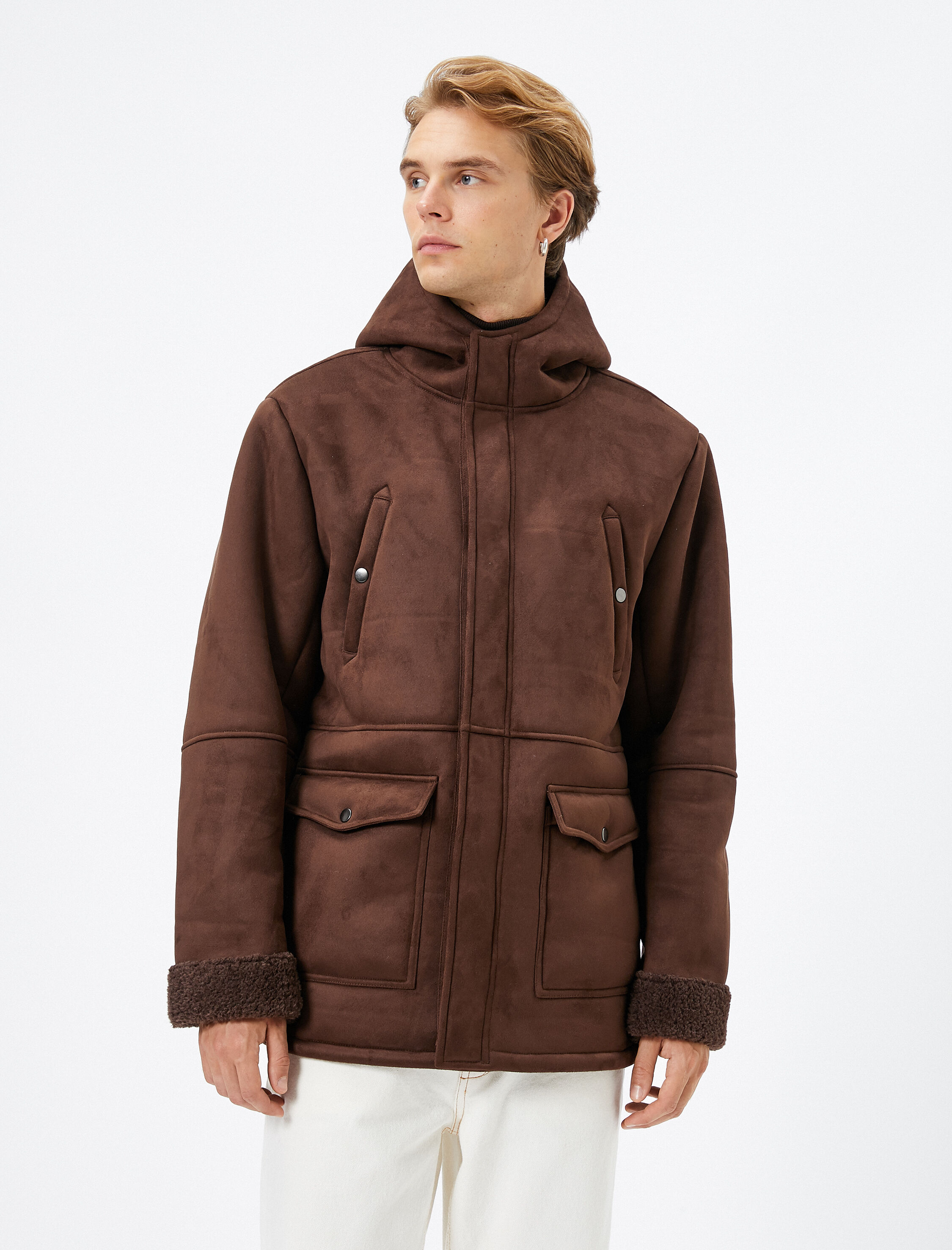   Süet Görünümlü Ceket İçi Suni Kürklü Kapşonlu Cep Detaylı Fermuarlı