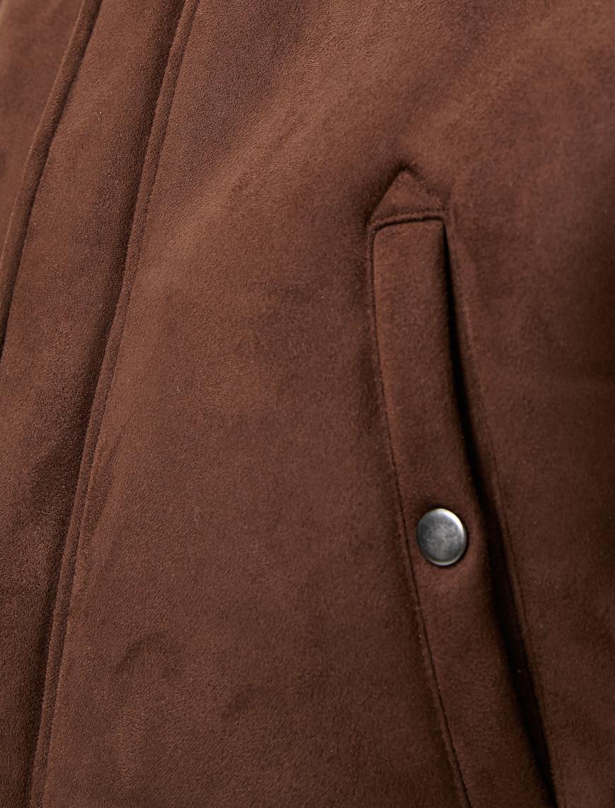   Süet Görünümlü Ceket İçi Suni Kürklü Kapşonlu Cep Detaylı Fermuarlı