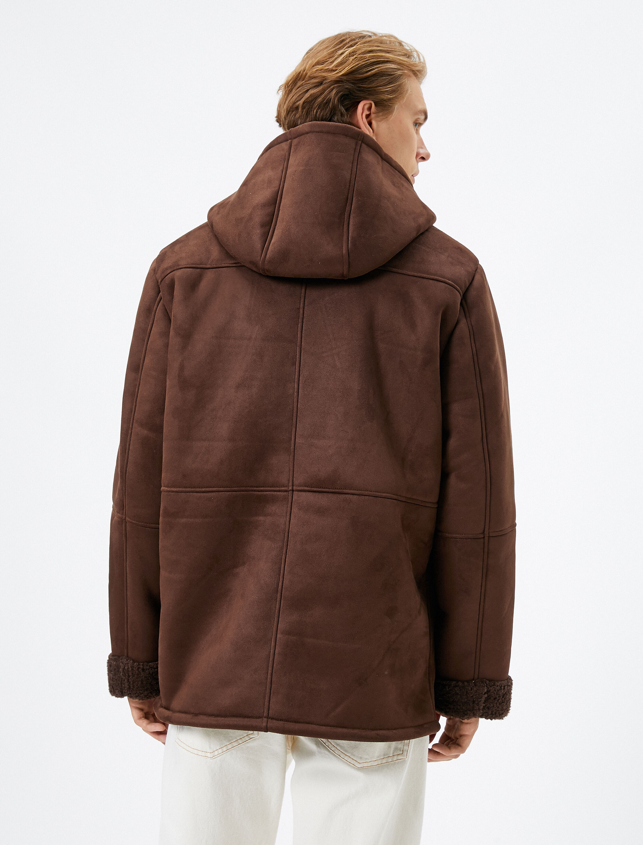   Süet Görünümlü Ceket İçi Suni Kürklü Kapşonlu Cep Detaylı Fermuarlı