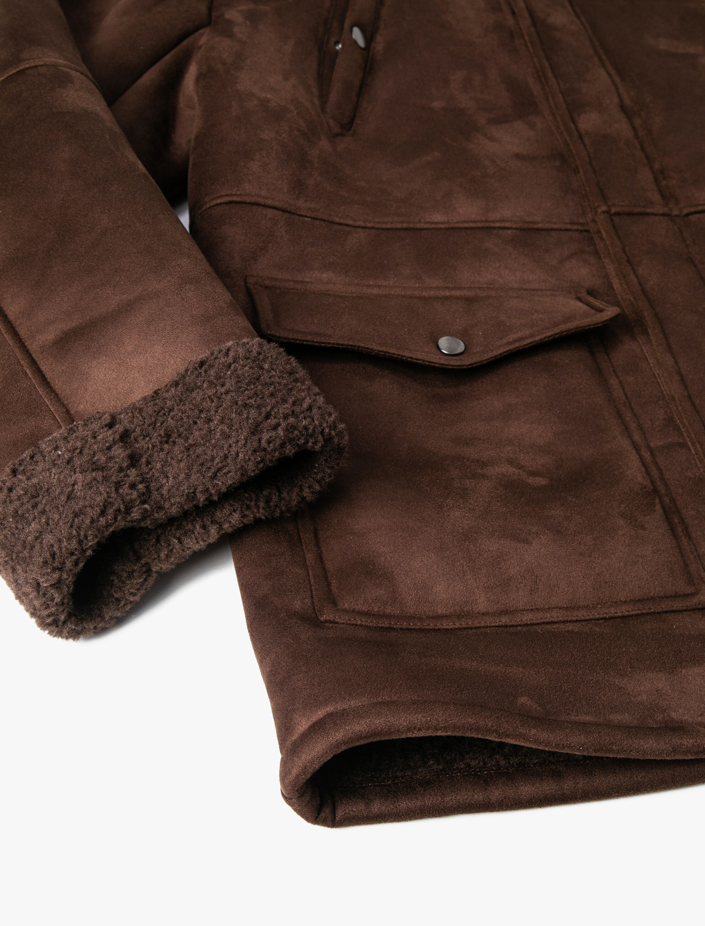   Süet Görünümlü Ceket İçi Suni Kürklü Kapşonlu Cep Detaylı Fermuarlı