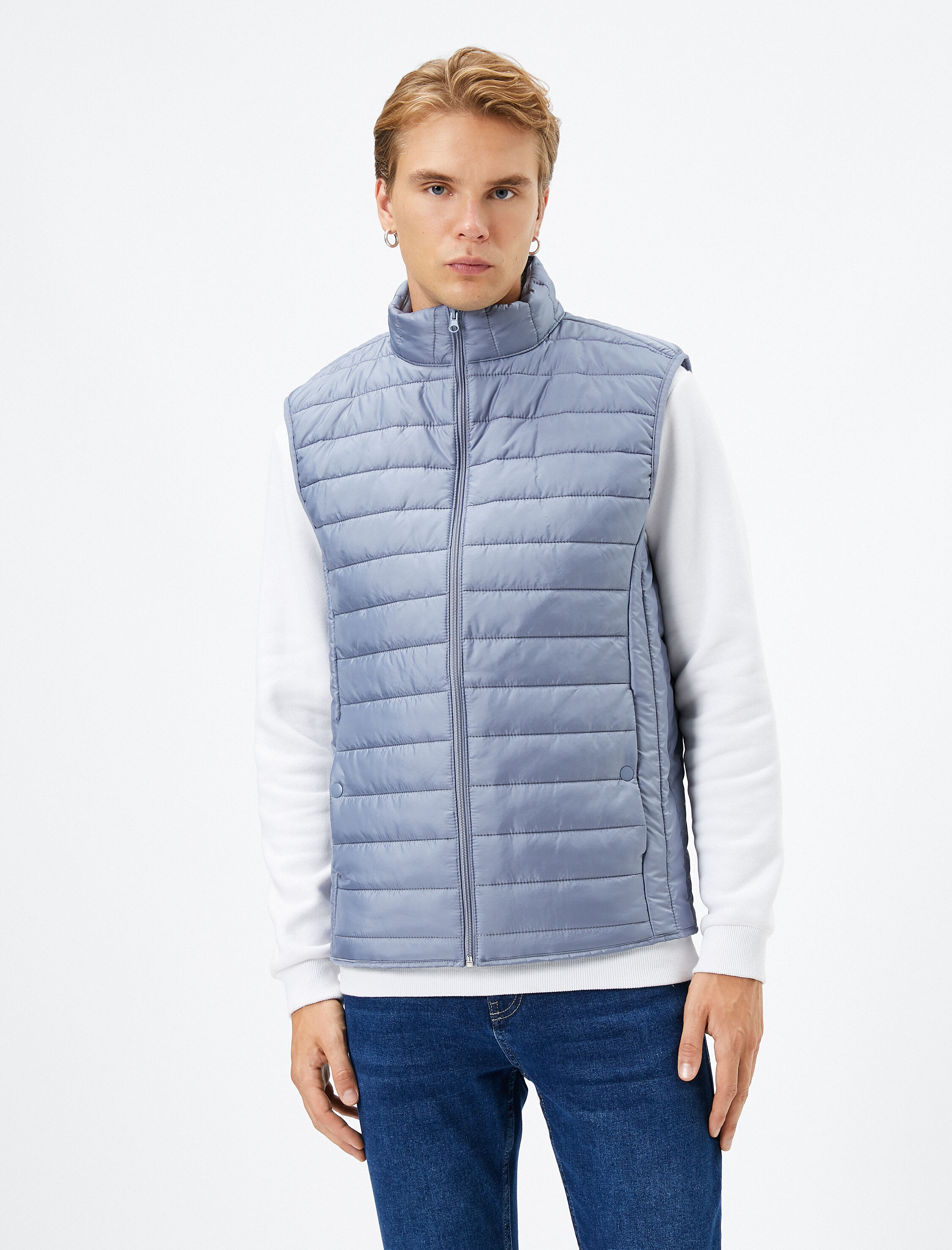   Şişme Yelek Dik Yaka Cep Detaylı Fermuarlı