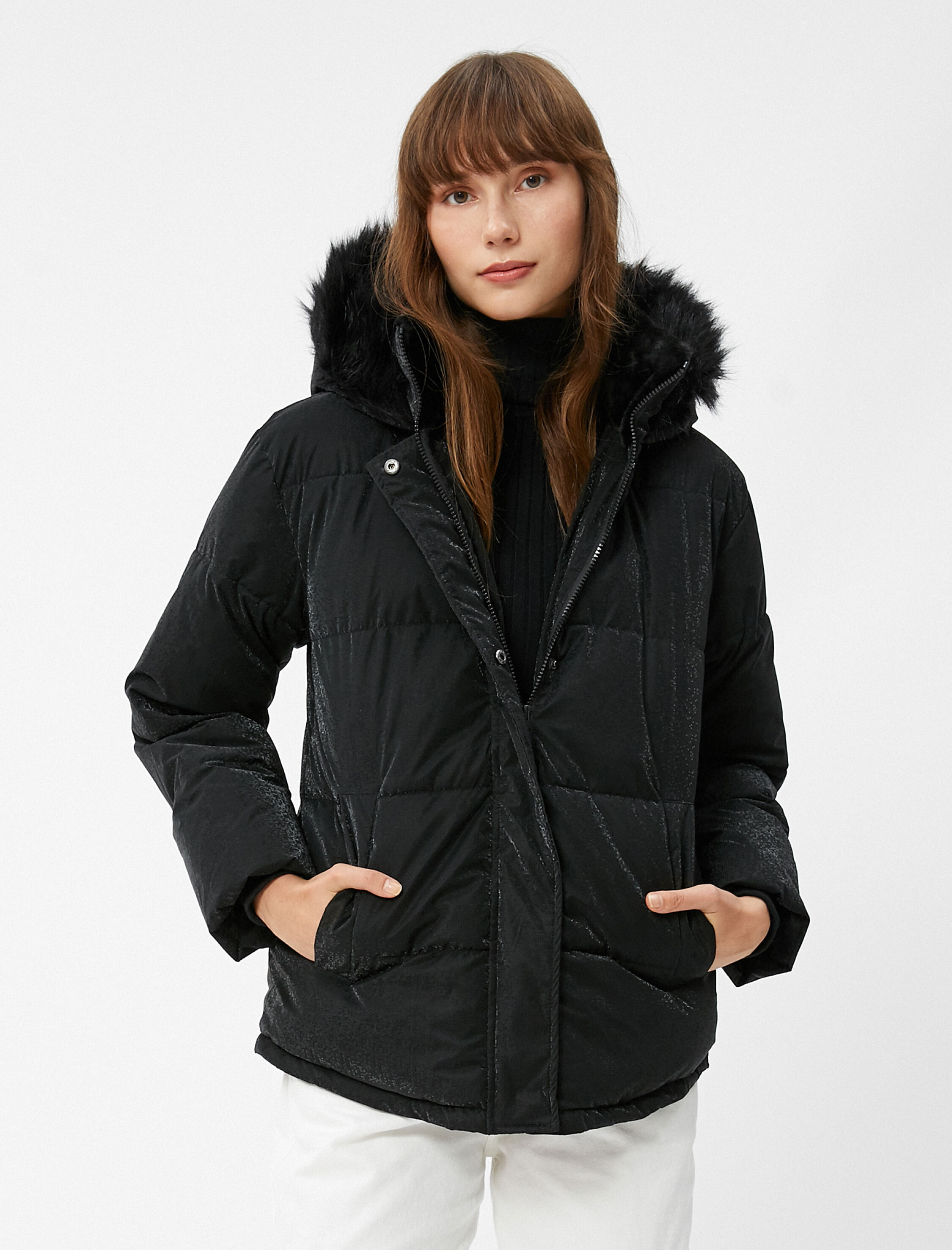   Şişme Mont Kapüşonlu Suni Kürk Detaylı Fermuarlı Cepli