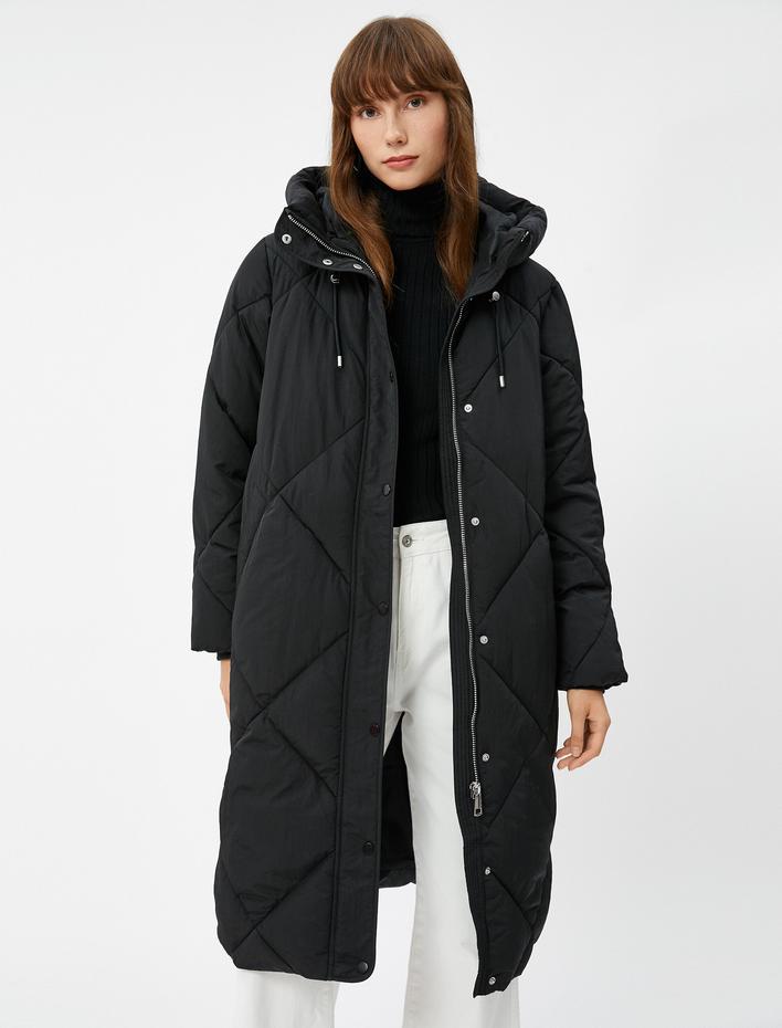  Midi Şişme Mont Kapitoneli Kapüşonlu Cep Detaylı Bağcıklı