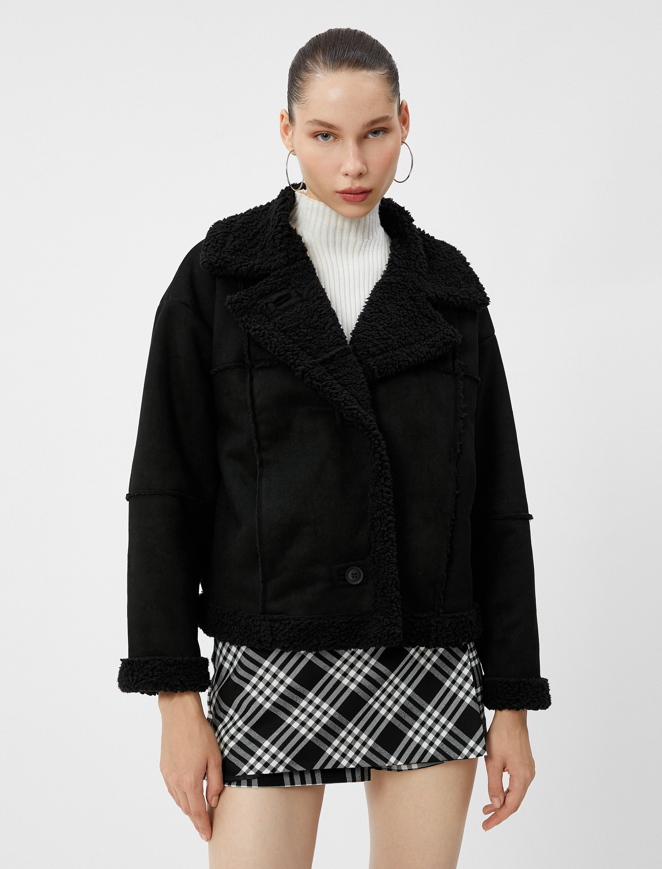   Biker Ceket Peluş Süet Görünümlü Cepli Düğme Detaylı