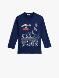 Tişört Uzun Kollu Bisiklet Yaka Skateboard Baskılı Pamuklu