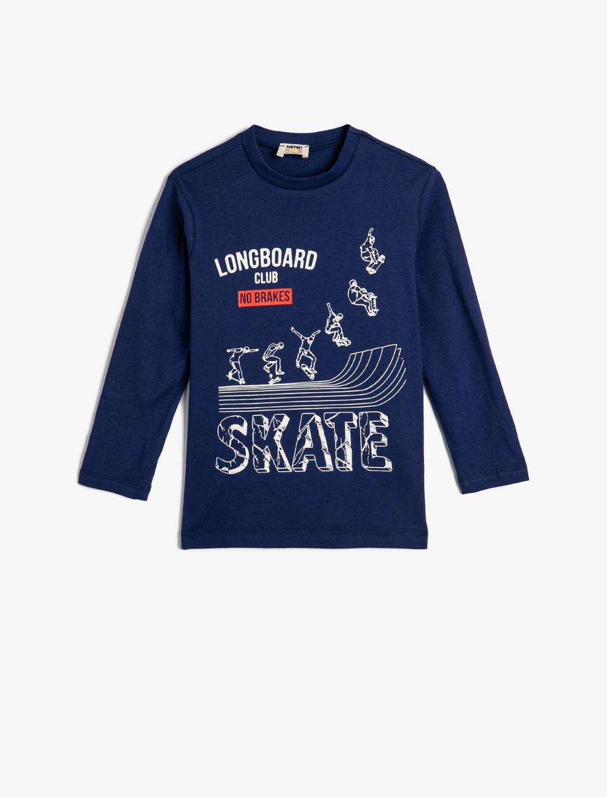 Erkek Çocuk Tişört Uzun Kollu Bisiklet Yaka Skateboard Baskılı Pamuklu
