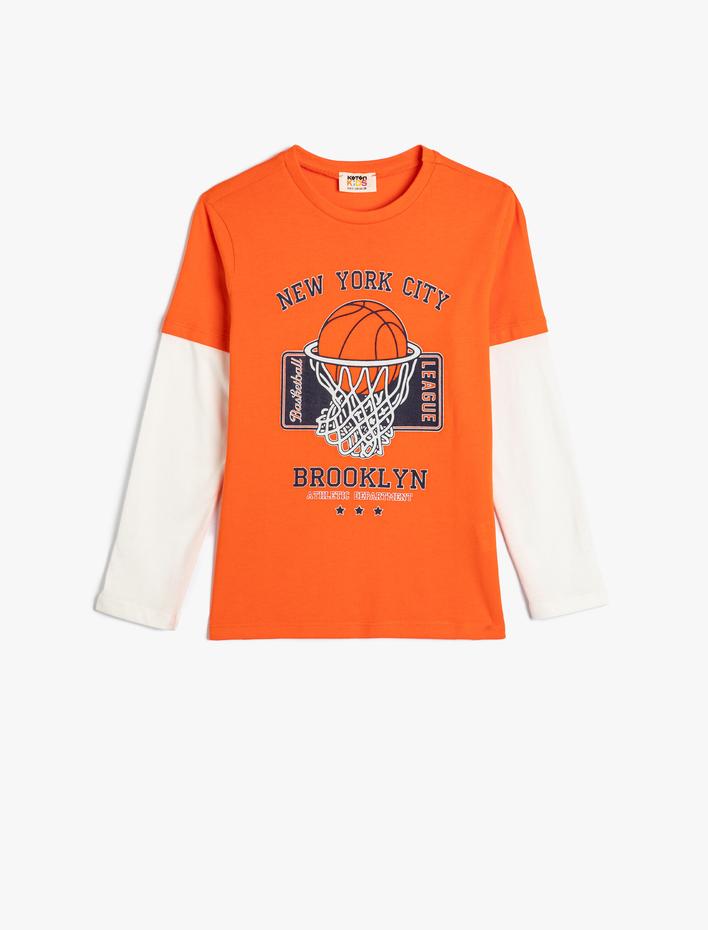 Erkek Çocuk Tişört Uzun Kollu Bisiklet Yaka Basketbol Baskılı Renk Bloklu Pamuklu