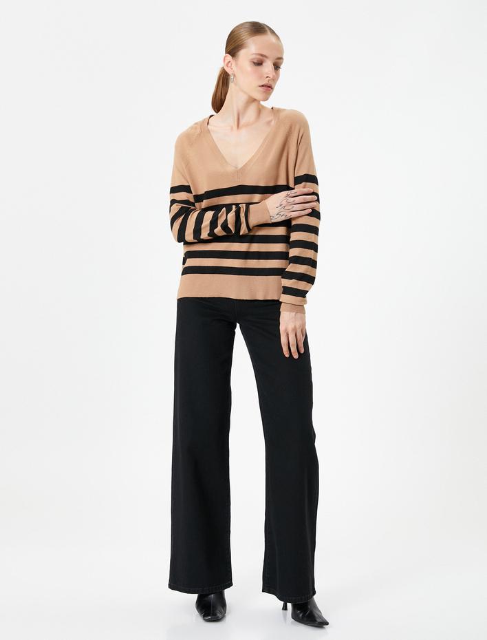  Triko Kazak V Yaka Uzun Kollu Viskon Karışımlı