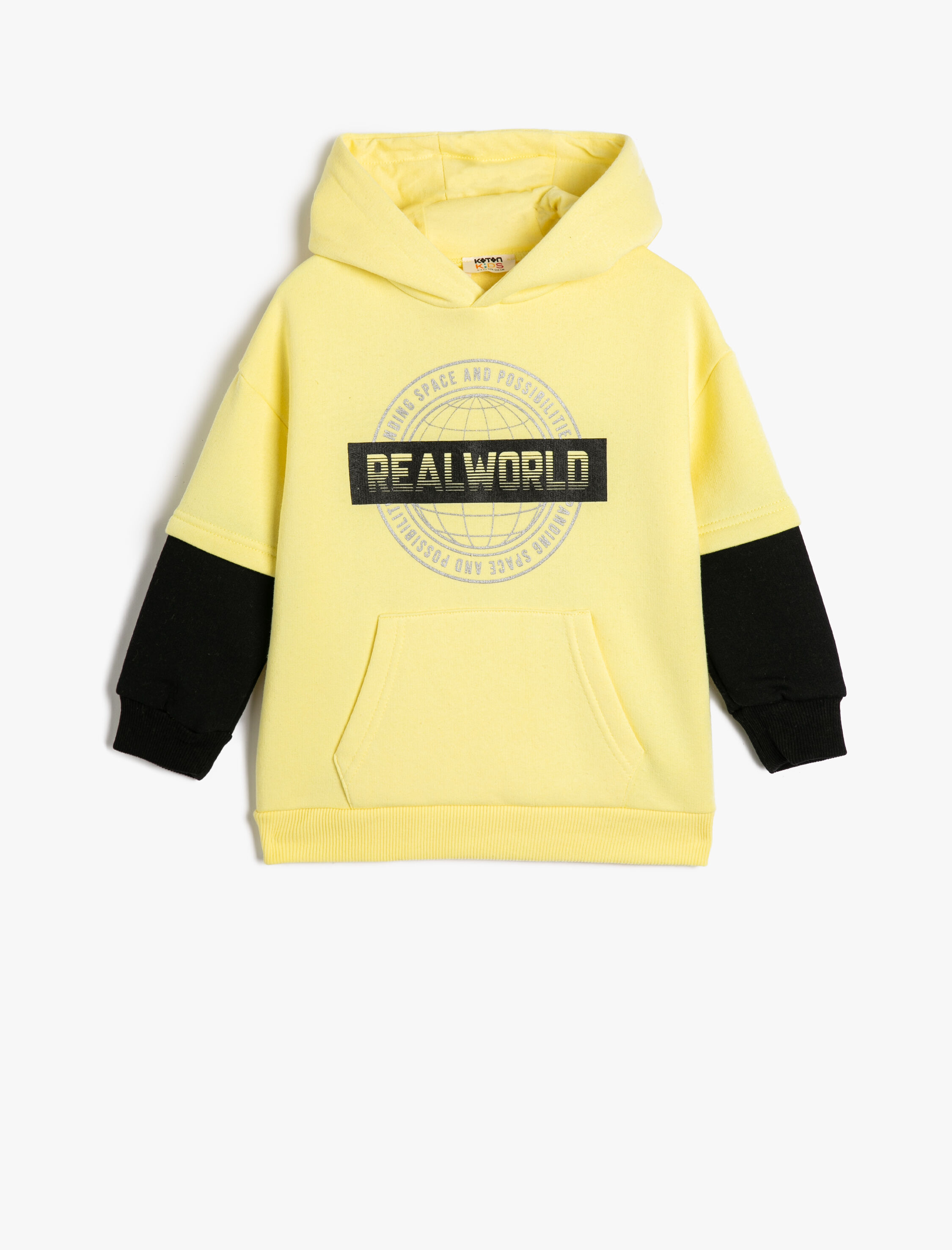 Koton Kapşonlu Sweatshirt Kanguru Cepli Uzun Kollu Renk Bloklu Baskılı Şardonlu