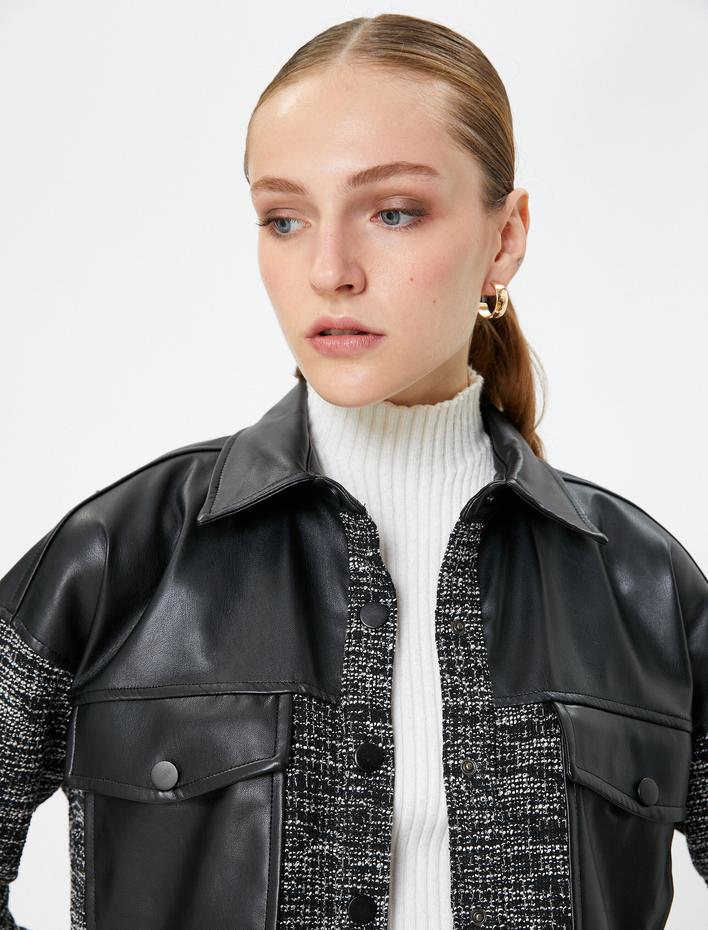  Oversize Tüvit Ceket Suni Deri Detaylı Kapaklı Cepli