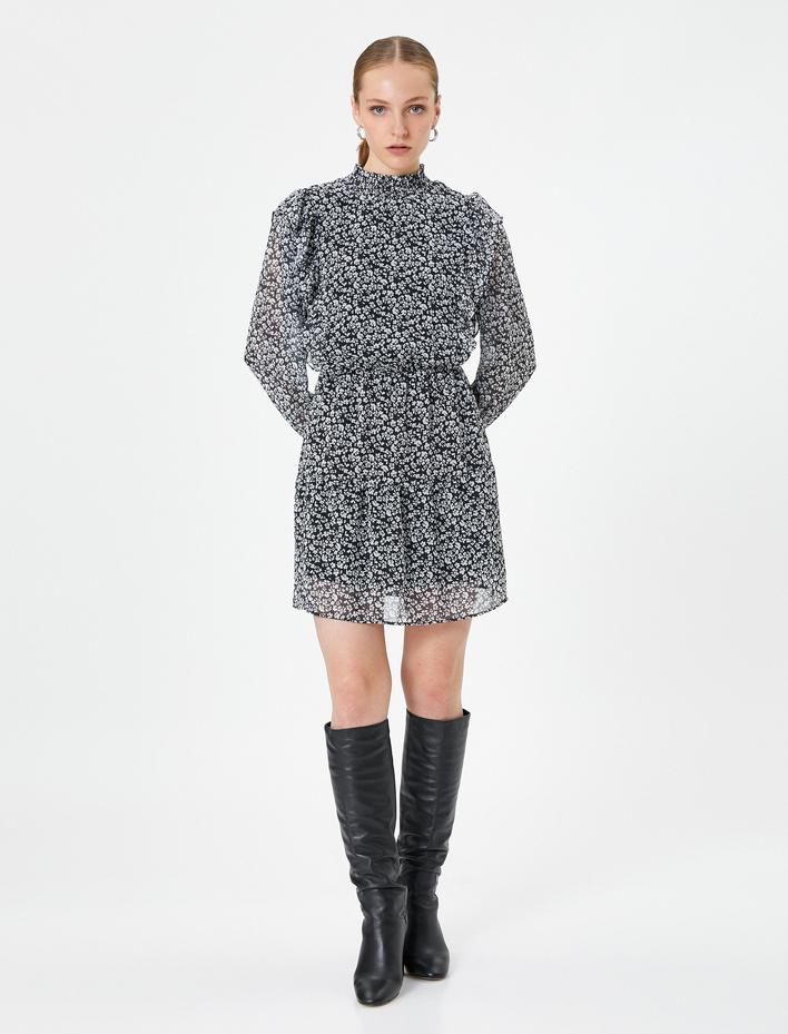  Çiçekli Şifon Elbise Fırfırlı Dik Yaka Balon Kollu