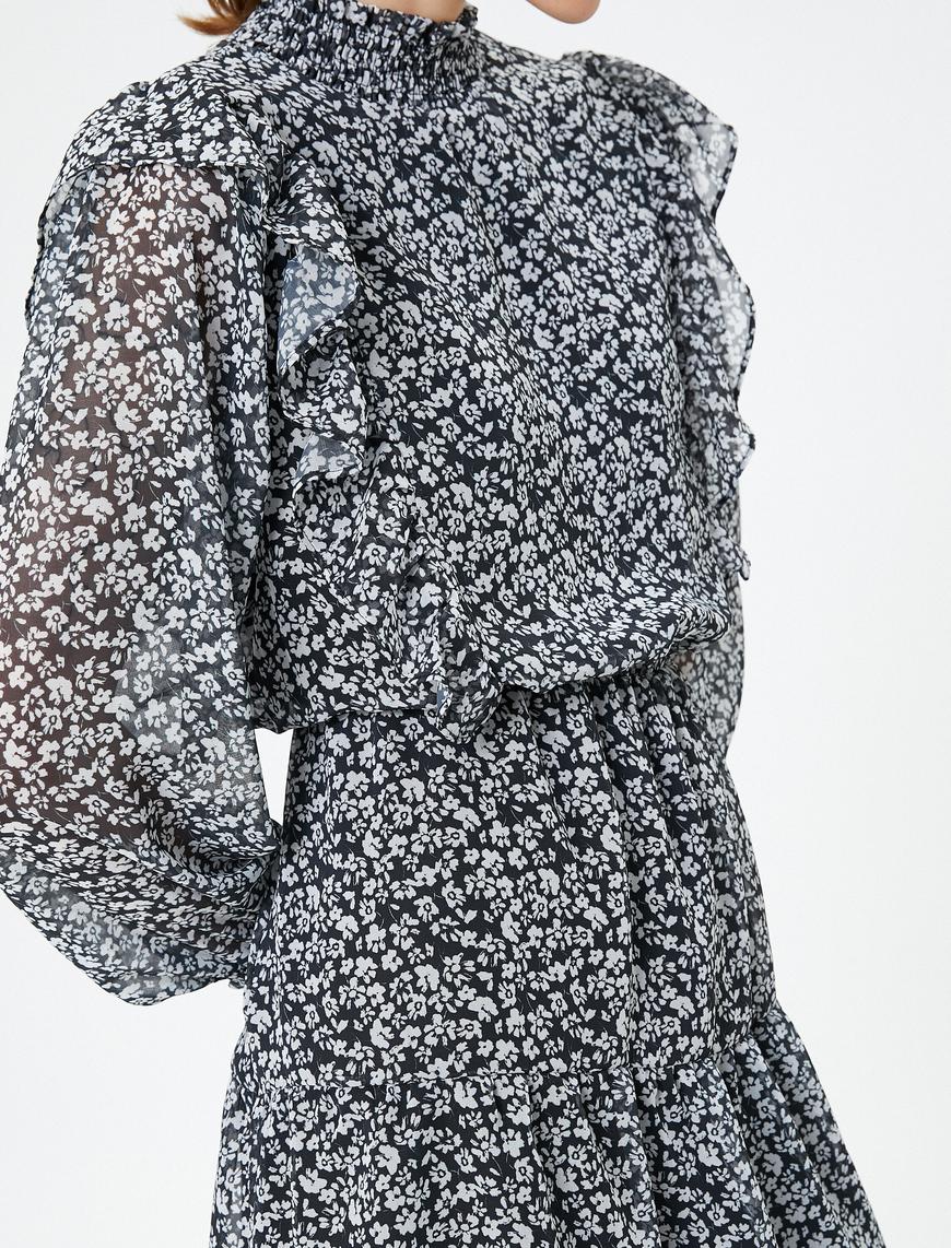   Çiçekli Şifon Elbise Dik Yaka Fırfırlı Balon Kollu