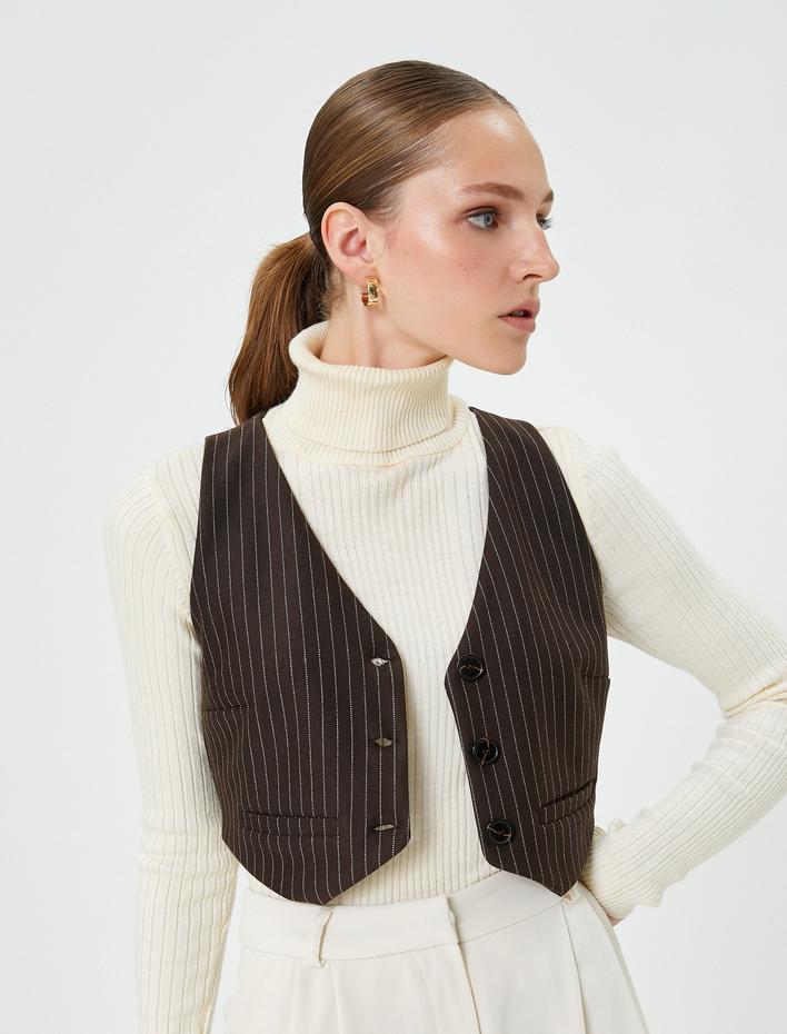  Crop Yelek Düğmeli Mini Cepli