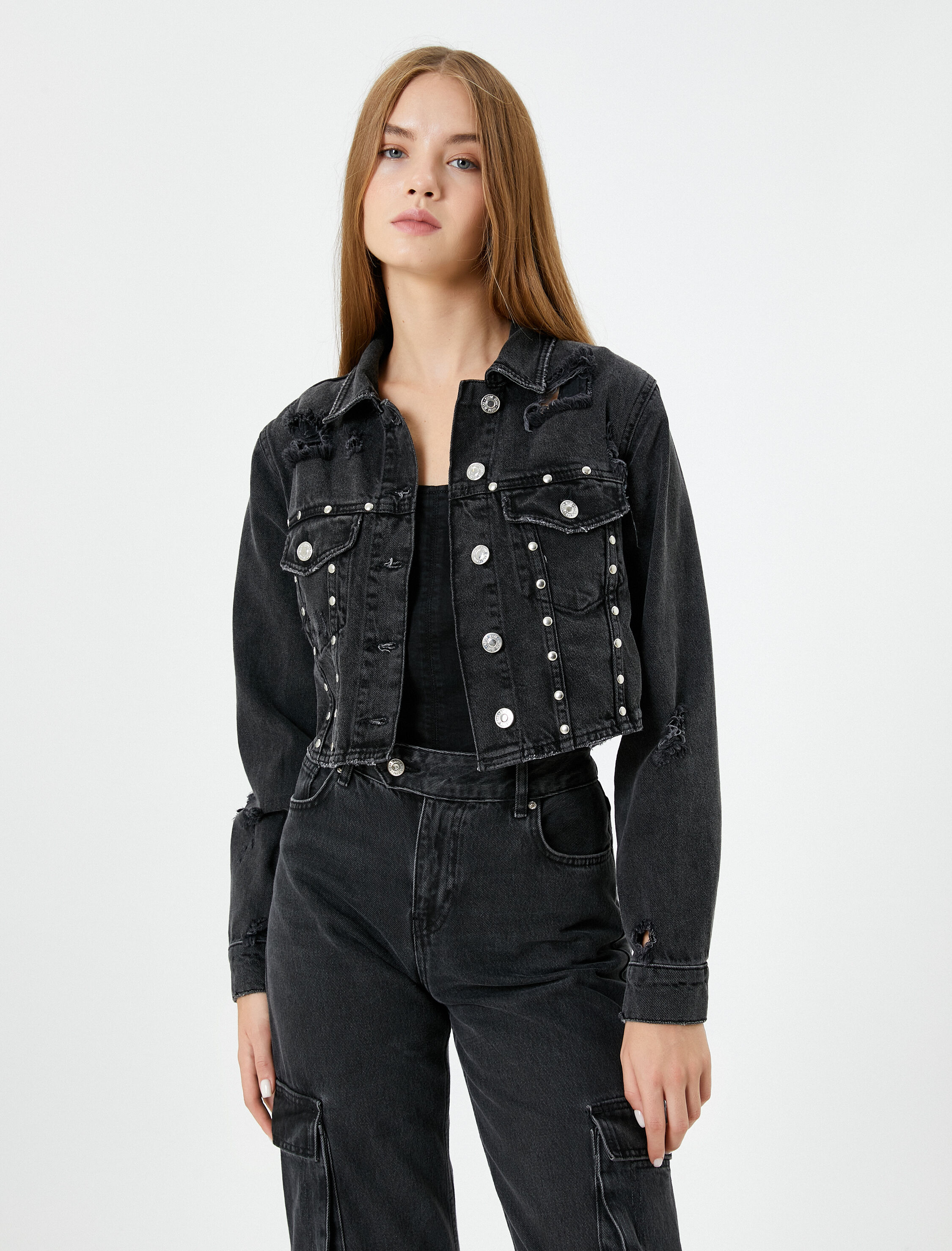   Kot Ceket Yırtık Detaylı Kapaklı Cepli Pamuklu