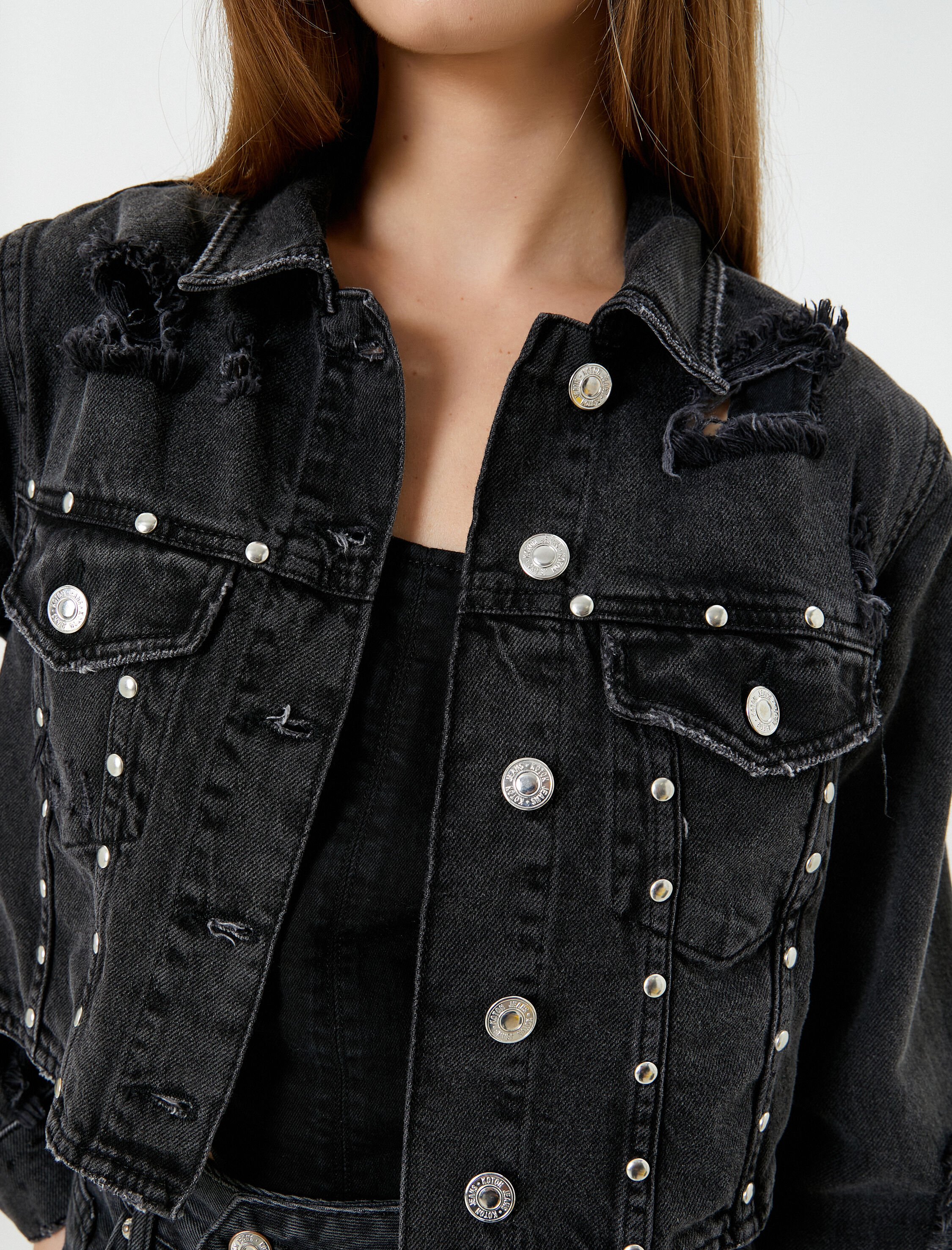   Kot Ceket Yırtık Detaylı Kapaklı Cepli Pamuklu