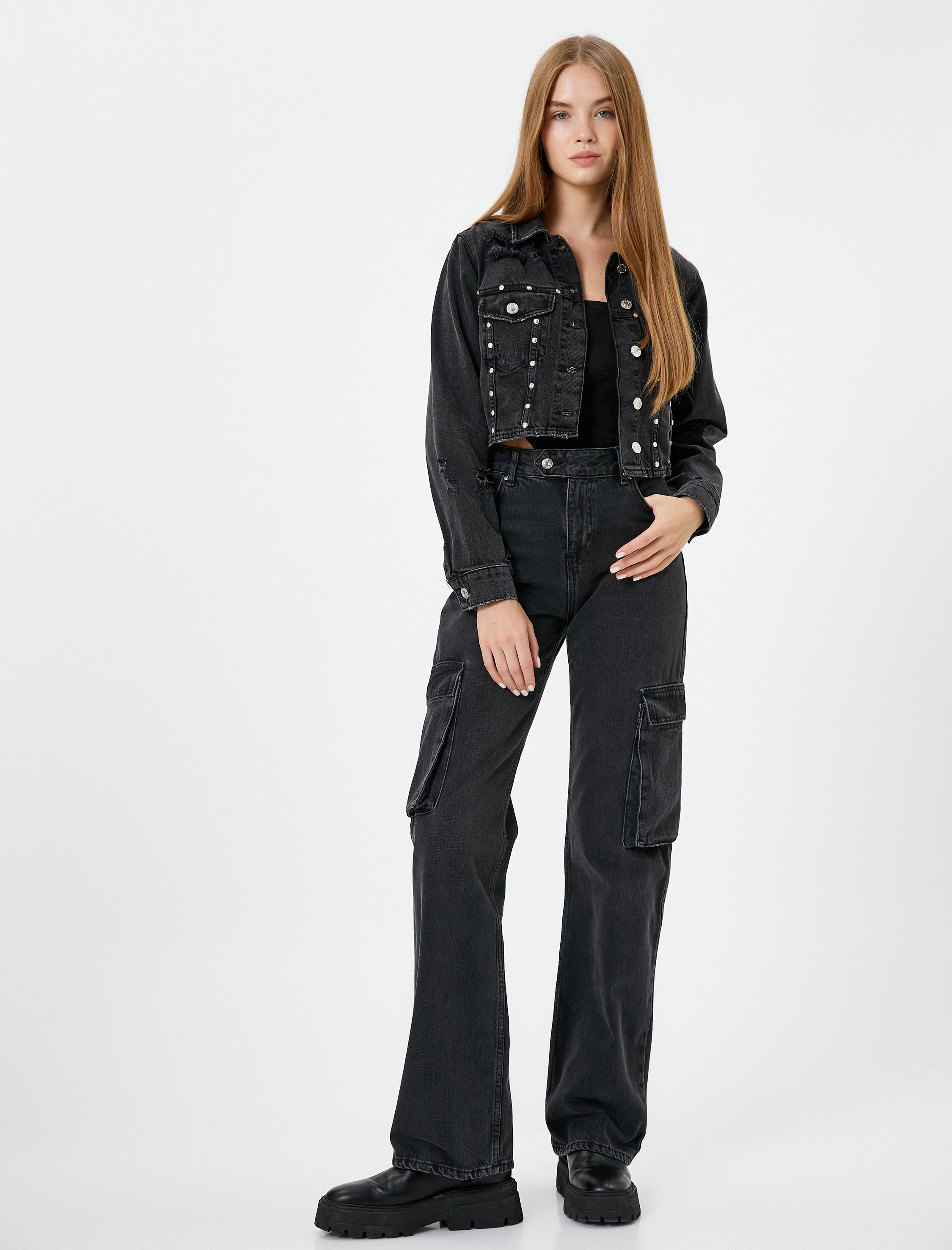   Kot Ceket Yırtık Detaylı Kapaklı Cepli Pamuklu