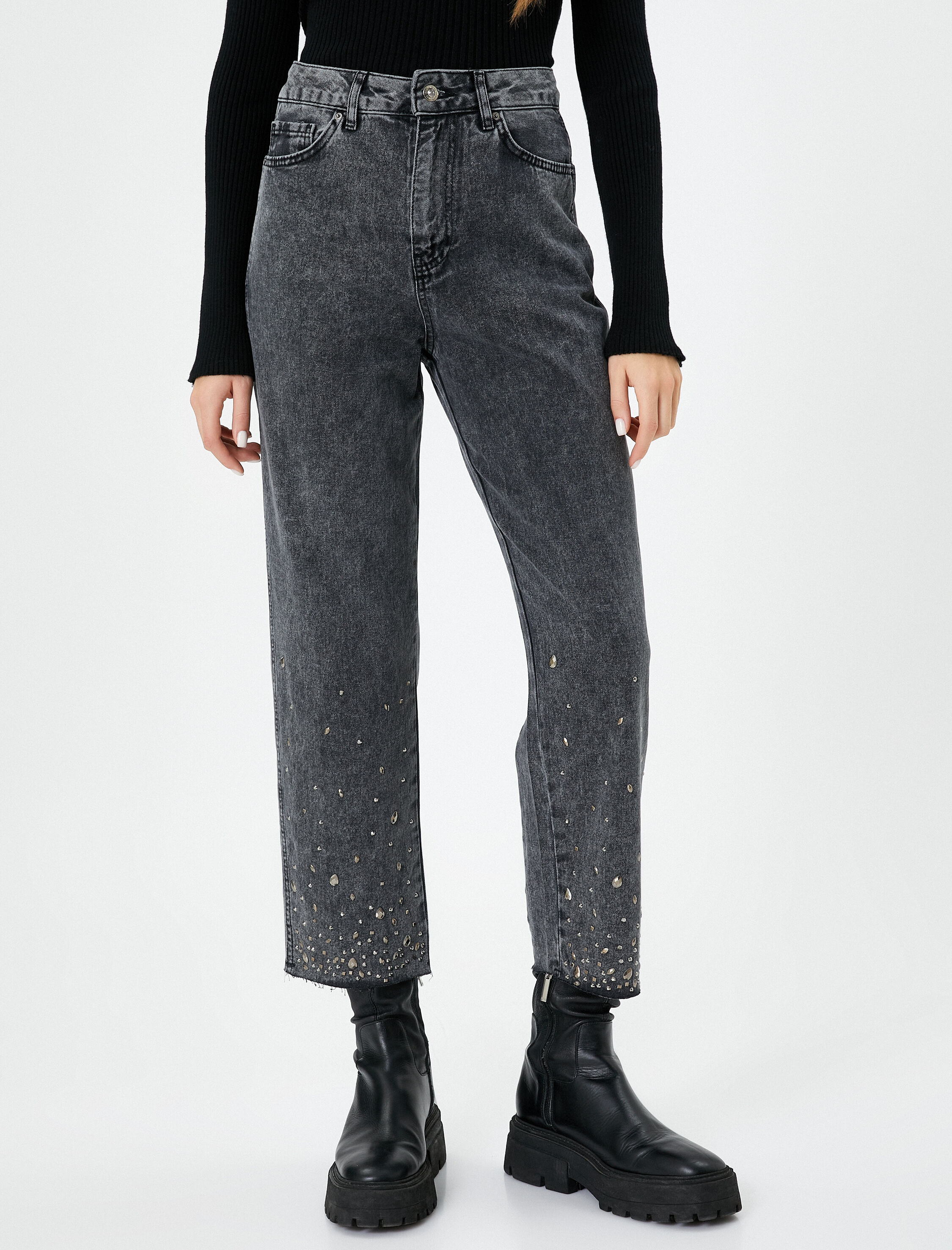 Kısa Geniş Paça Taşlı Kot Pantolon Cepli Pamuklu - Bianca Jean