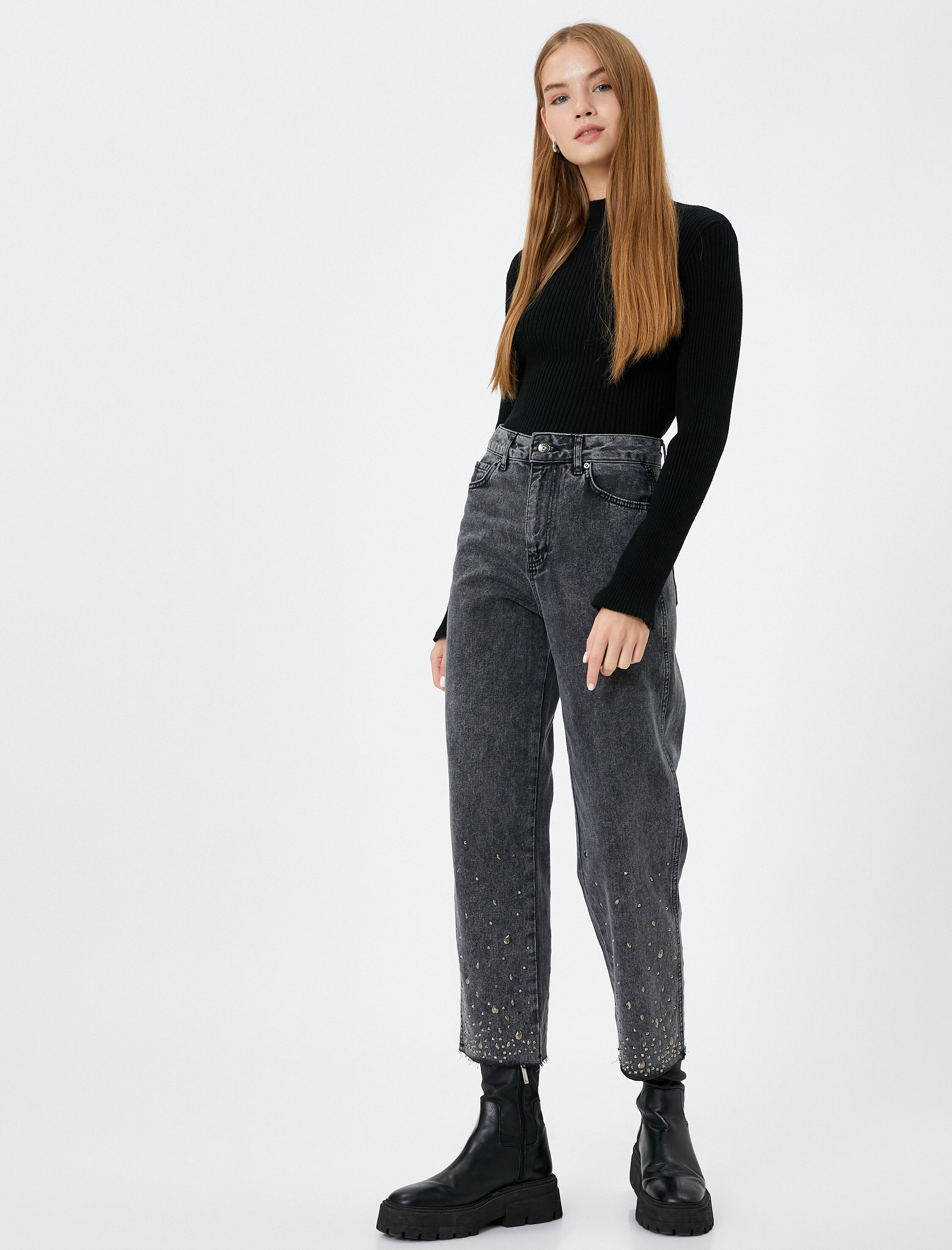 Kısa Geniş Paça Taşlı Kot Pantolon Cepli Pamuklu - Bianca Jean