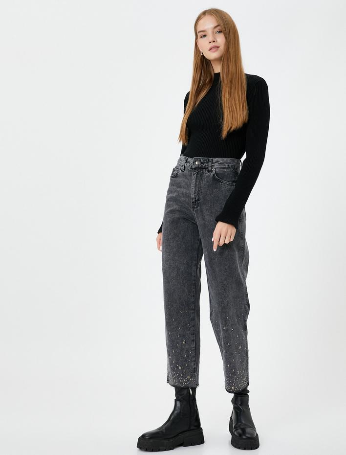  Kısa Geniş Paça Taşlı Kot Pantolon Cepli Pamuklu - Bianca Jean