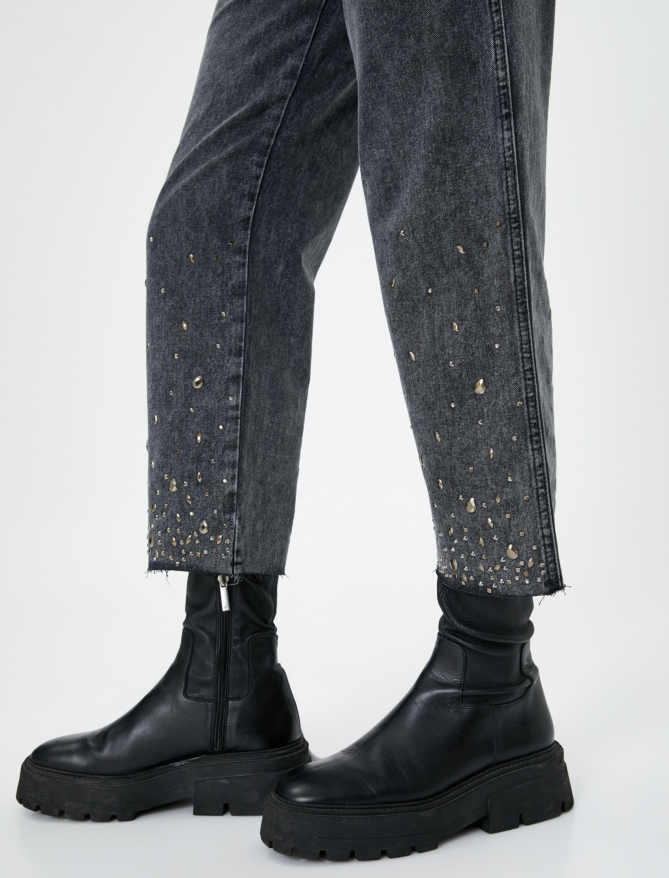 Kısa Geniş Paça Taşlı Kot Pantolon Cepli Pamuklu - Bianca Jean