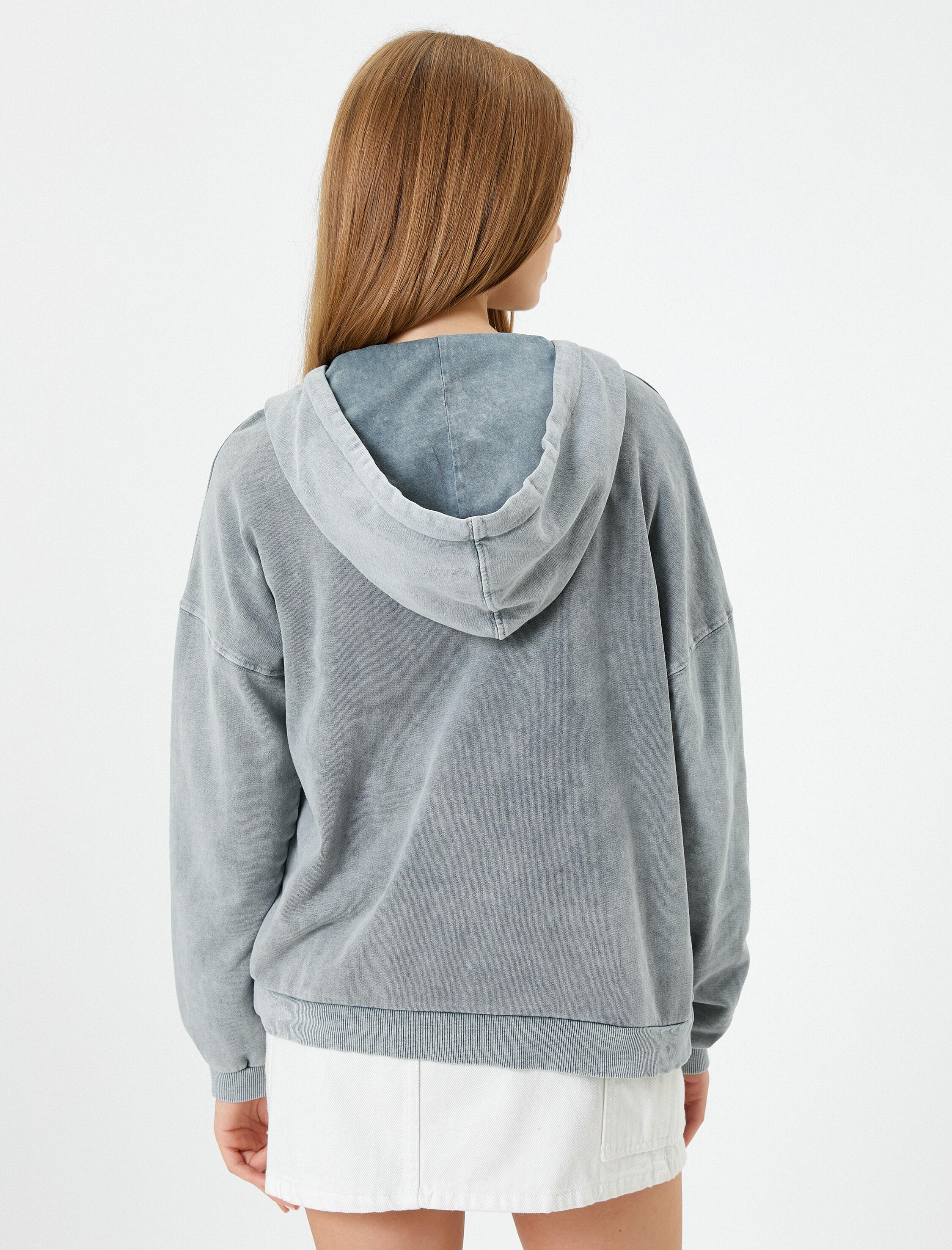   Kapşonlu Fermuarlı Sweatshirt Soluk Efektli Şardonlu Pamuklu