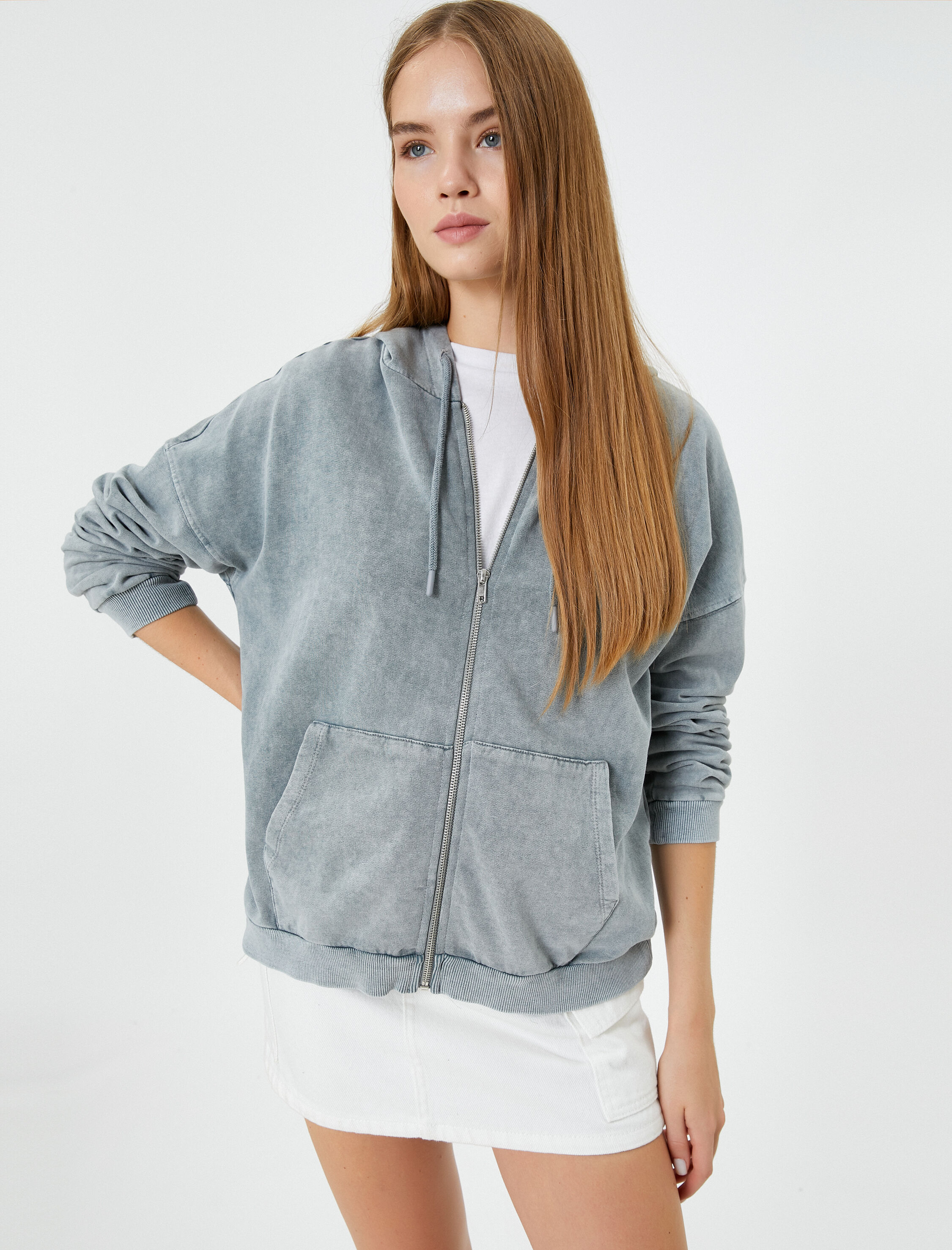   Kapşonlu Fermuarlı Sweatshirt Soluk Efektli Şardonlu Pamuklu