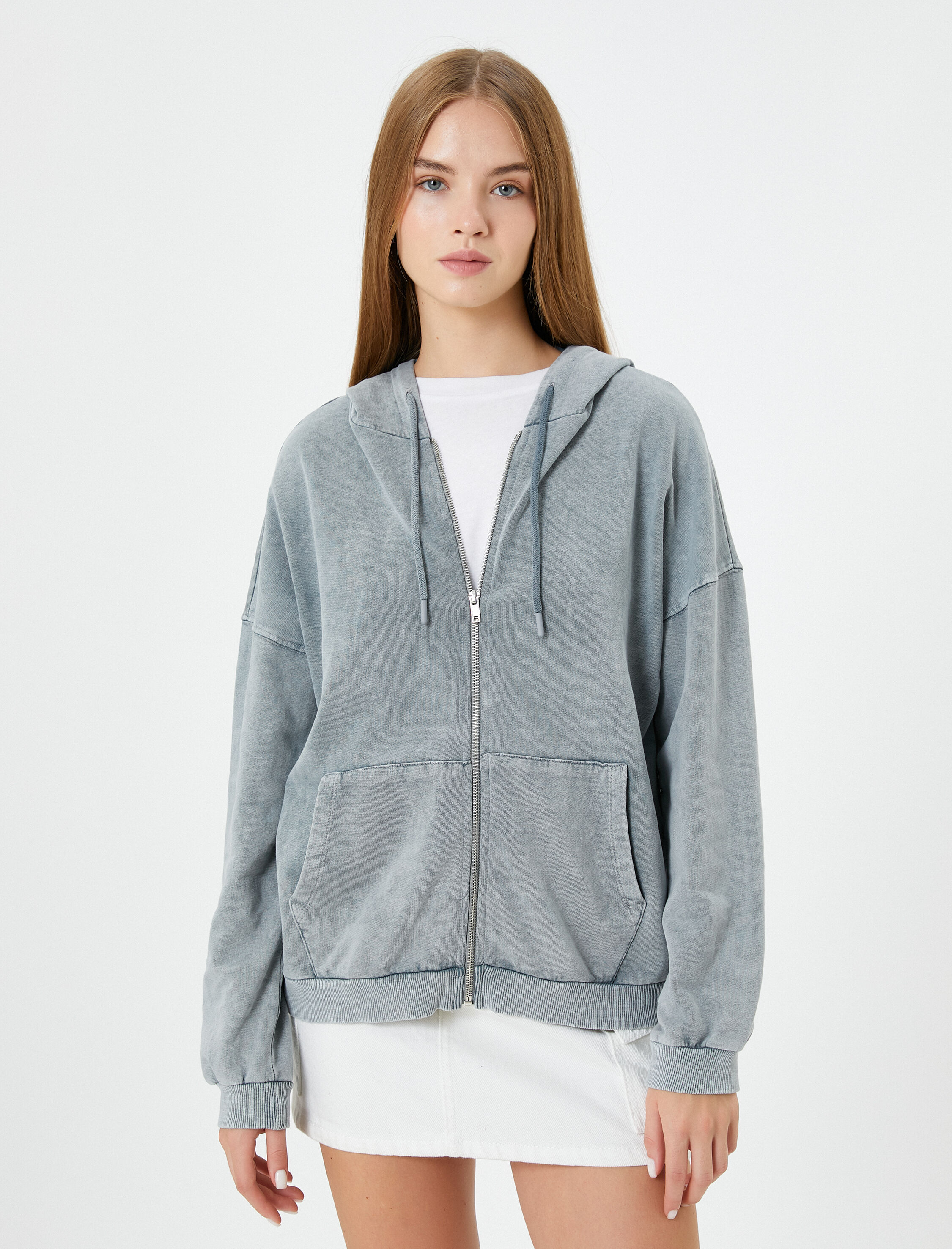   Kapşonlu Fermuarlı Sweatshirt Soluk Efektli Şardonlu Pamuklu